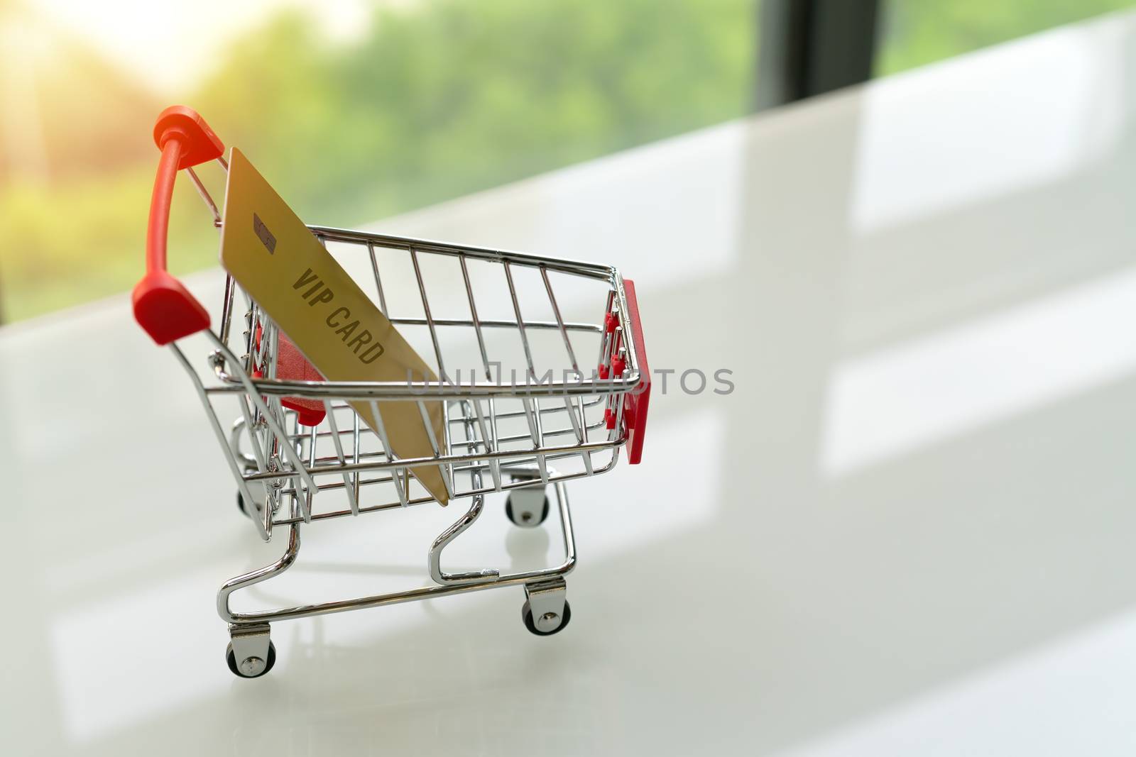 VIP credit card on shopping cart trolley on white table with green backgrounds