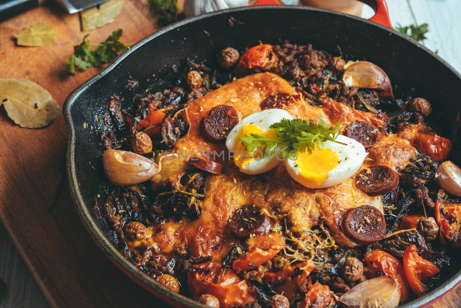 Wrought iron skillet with vegetables, meat, egg, gratin cheese and coriander on a rustic wooden table
