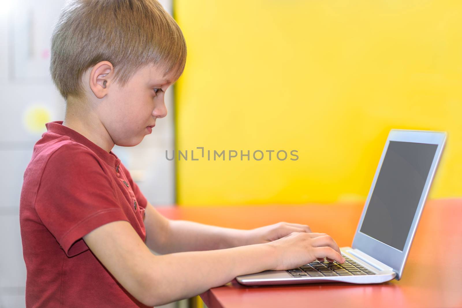 Young boy working on a laptop by wdnet_studio