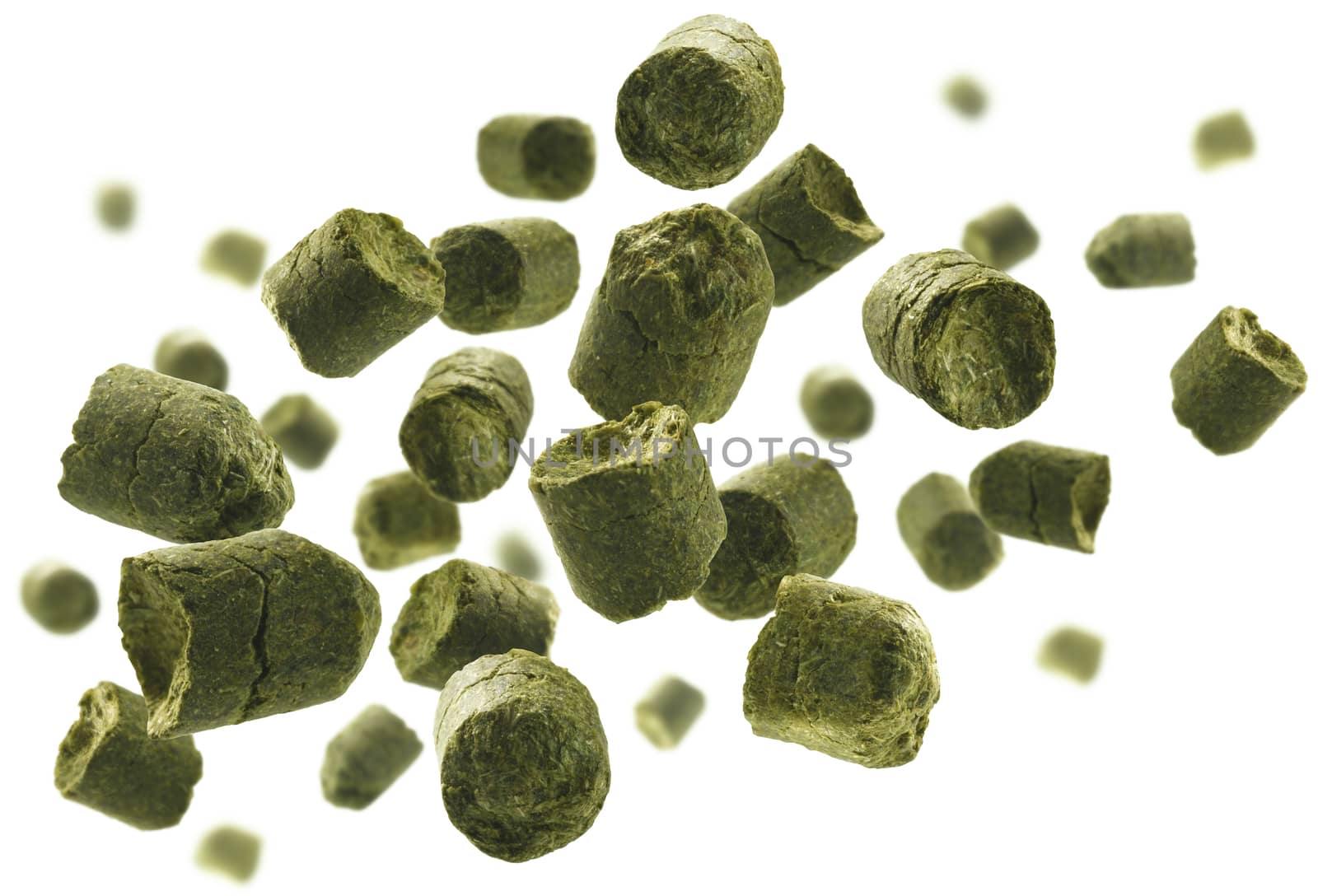 Green granulated hops levitate on a white background.