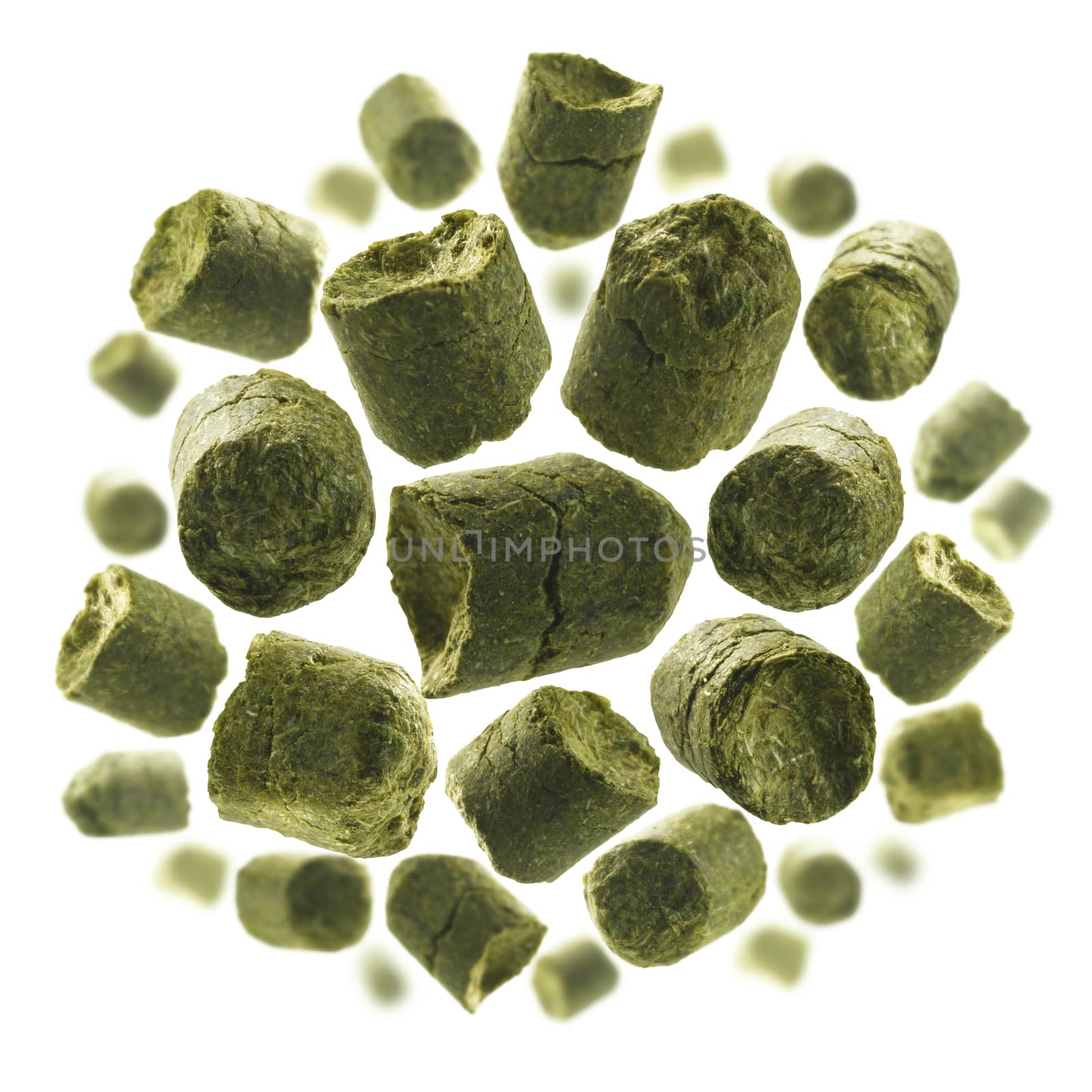 Green granulated hops levitate on a white background.