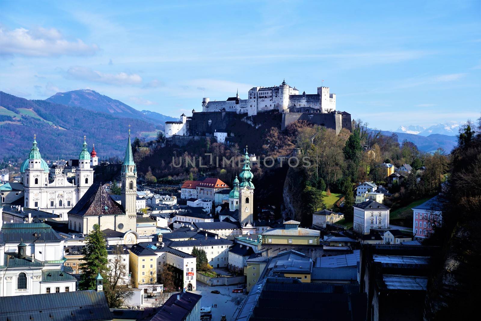 Panoramic view over the city of Salzburg to fortress Hohensalzburg