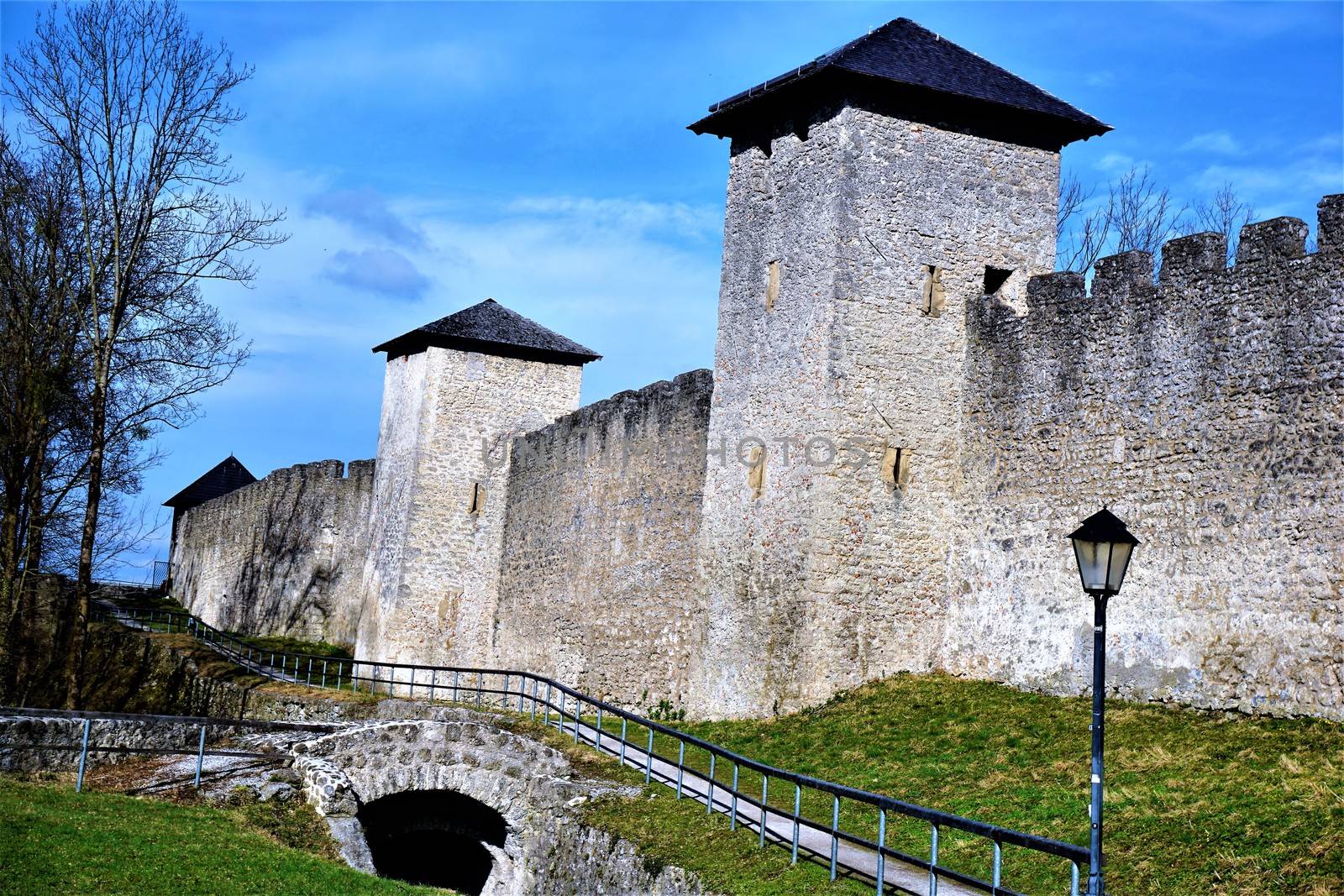 Old city wall of Salzburg and lantern
