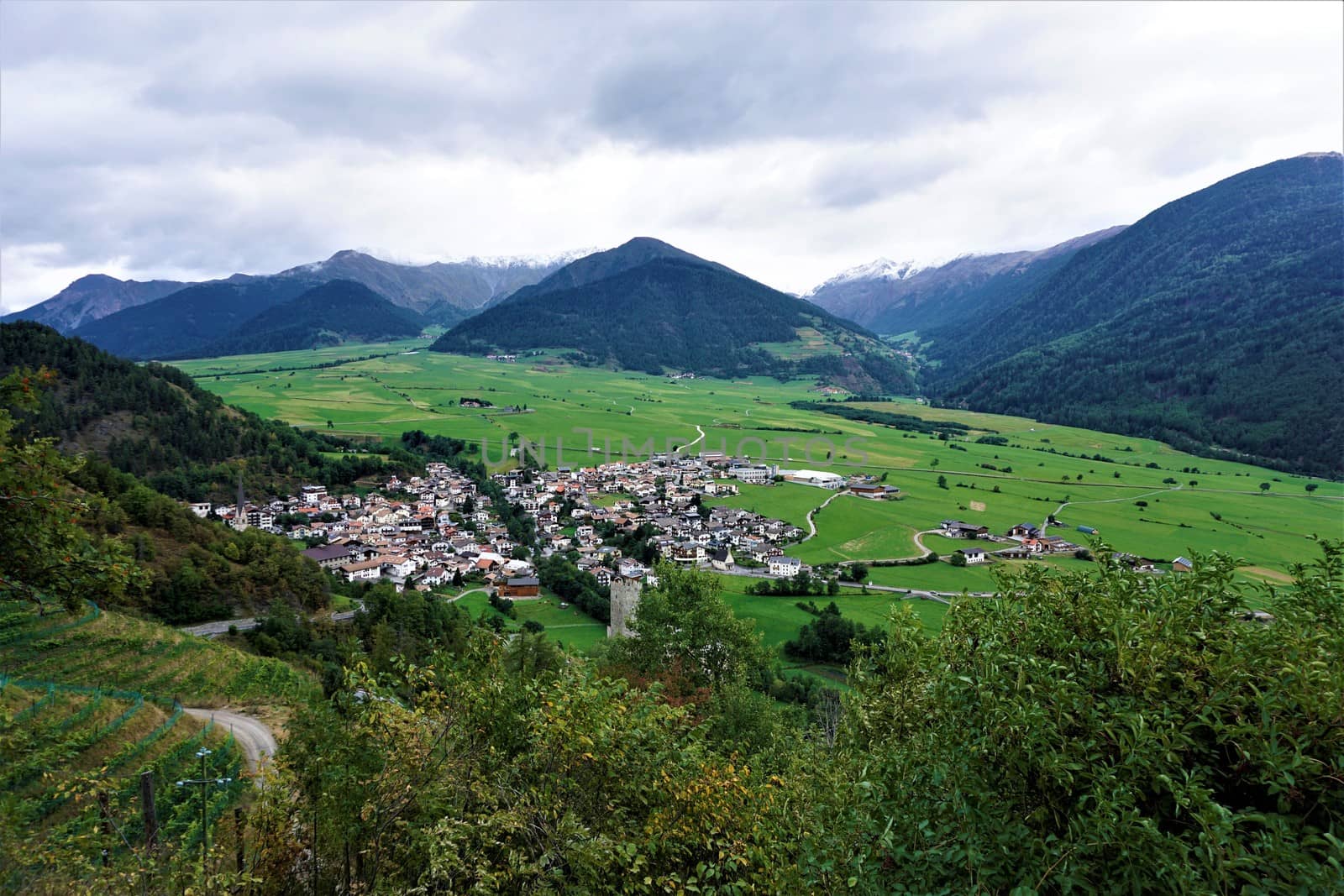 View over the municipality of Mals in South Tyrol, Italy