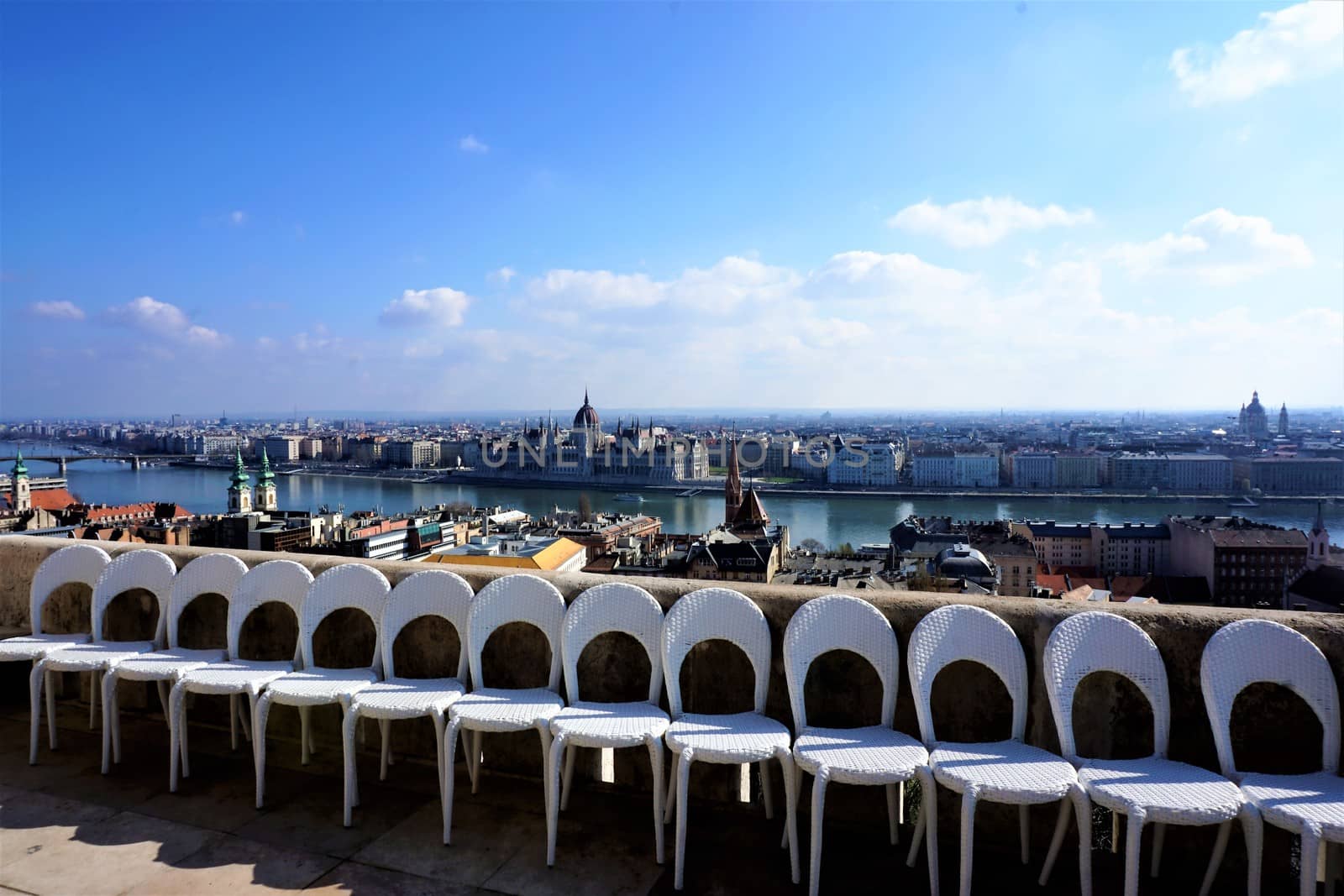 Hungarian Parliament from Fisherman's Bastion with chairs