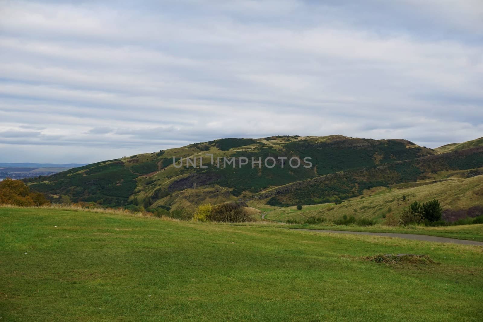 View over meadow to Arthur's seat from Calton Hill