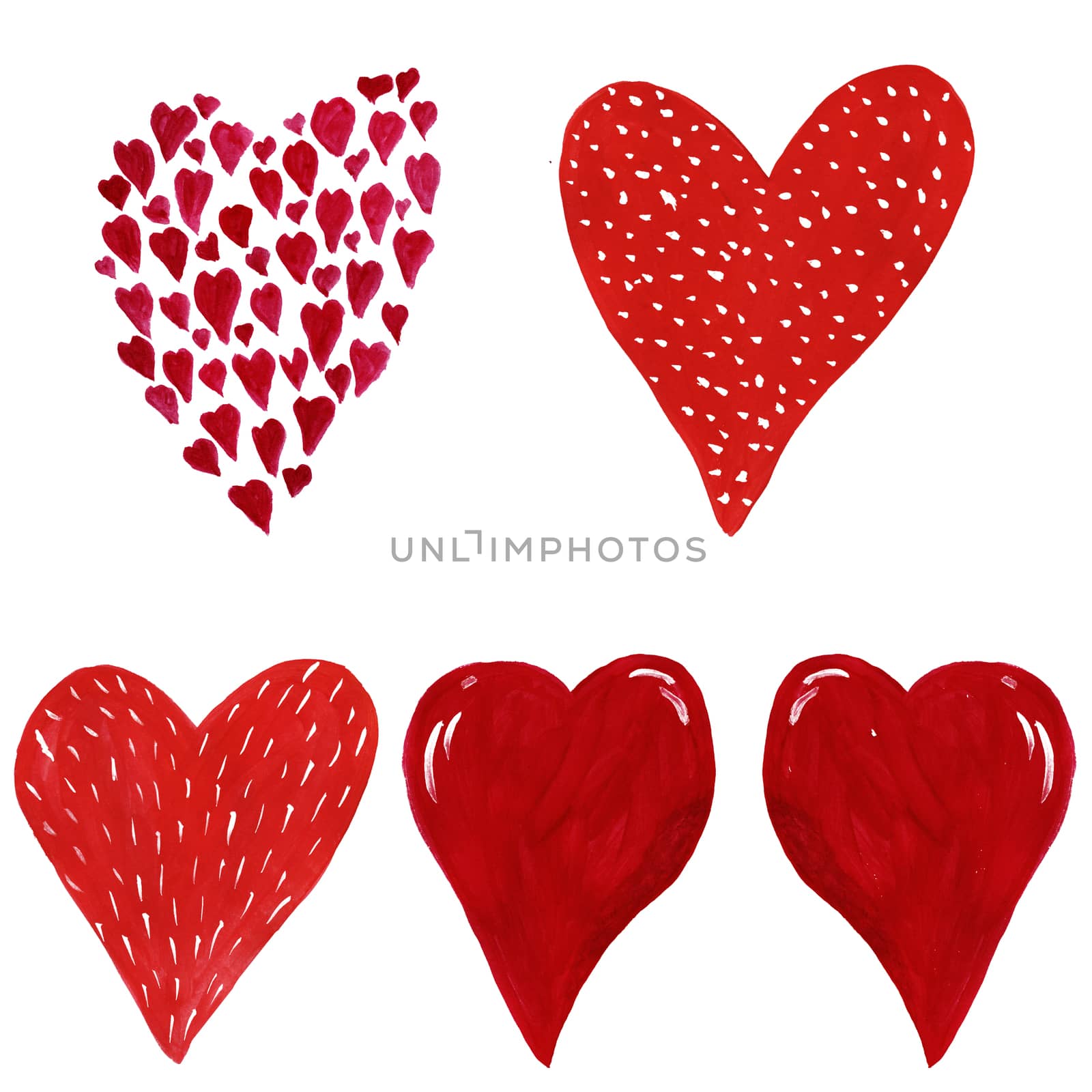 Hand drawn red hearts set isolated on white background. Romantic decor design for print, poster, t shirt, card.