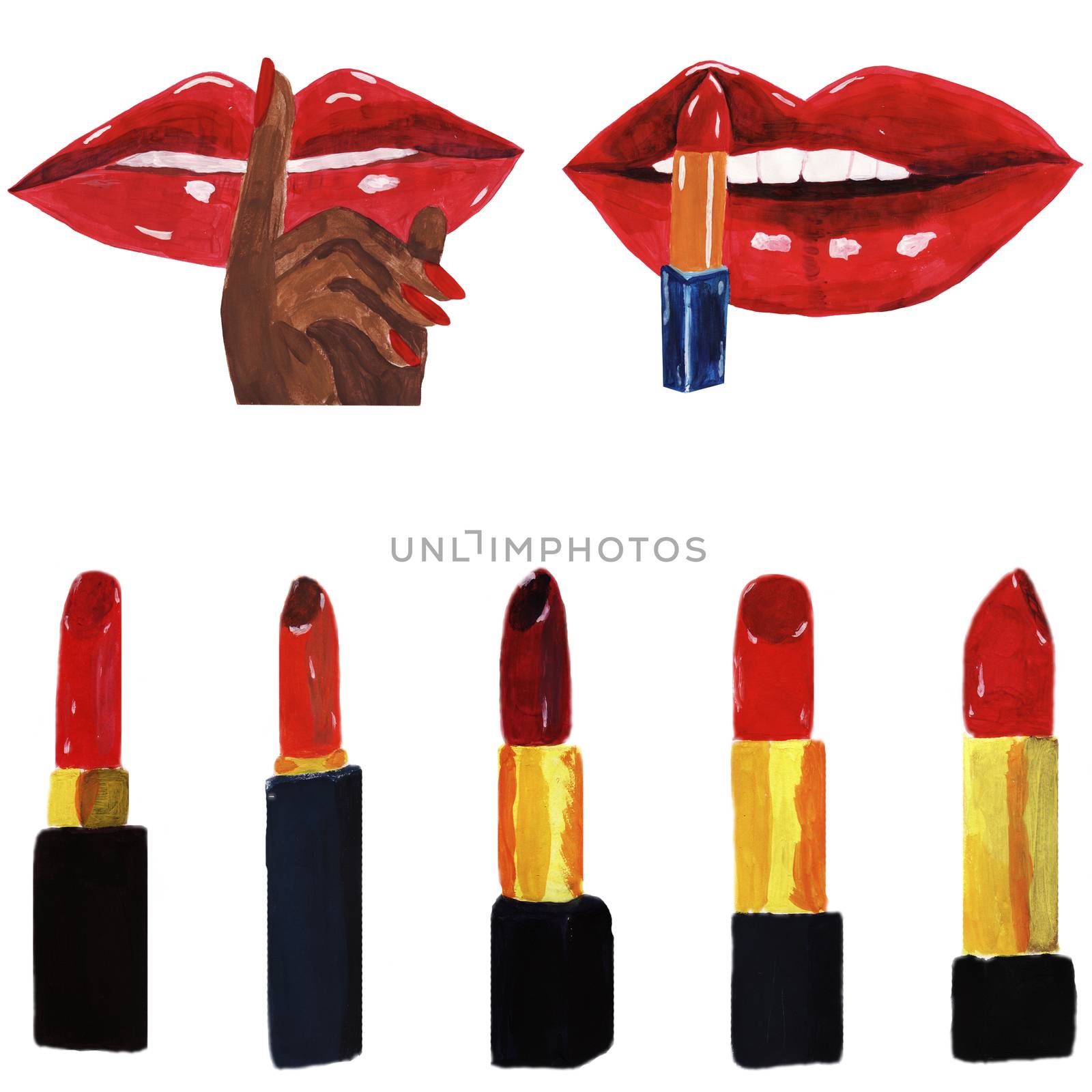 Red lipstick set isolated on white background. Red lips with lipstick applied. Make up set decor design for print, poster, t shirt, card.