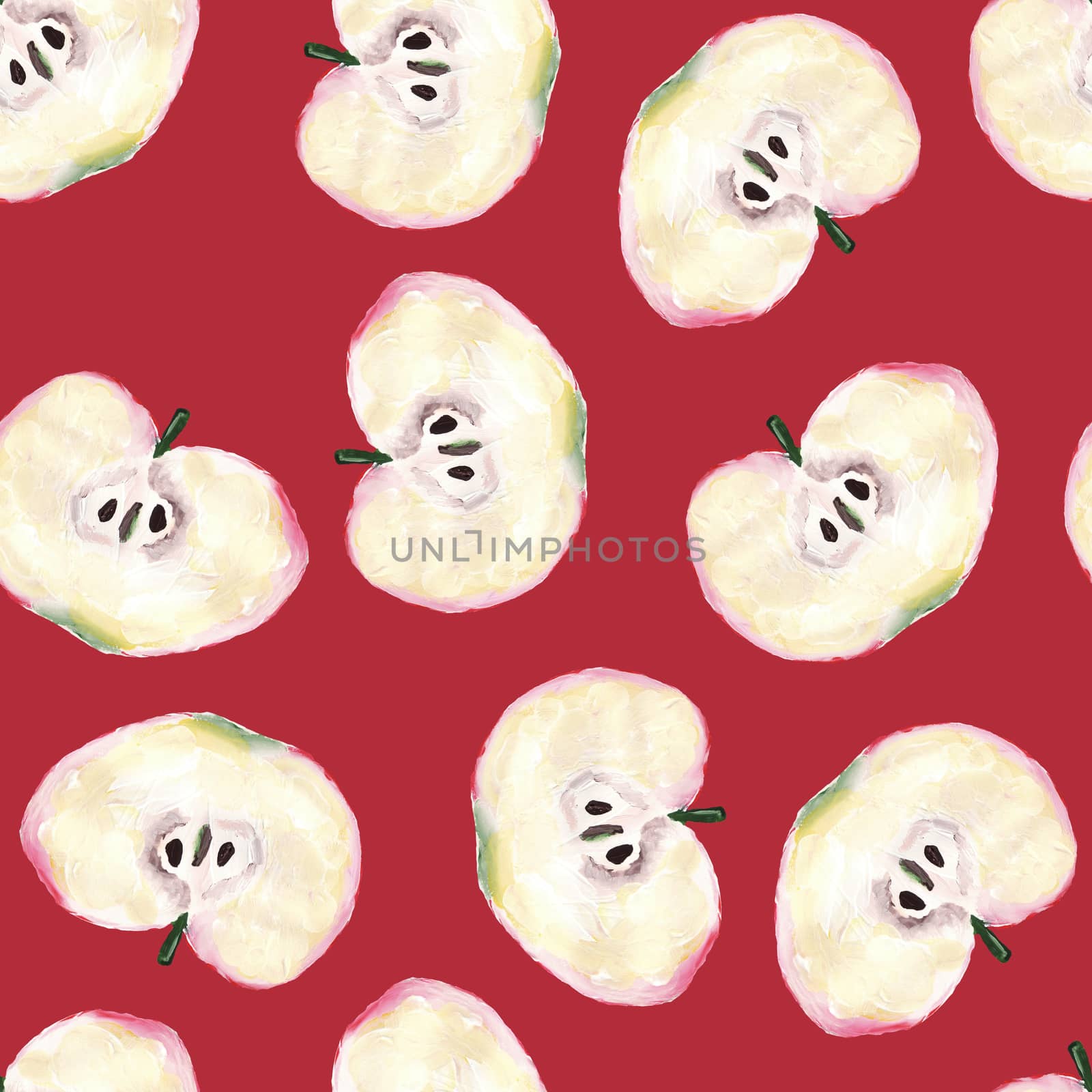 Hand drawn seamless pattern with apples on red. Repeated apple and leaves fruit background for design, fabric, print, textile, textile, wallpaper, posters.
