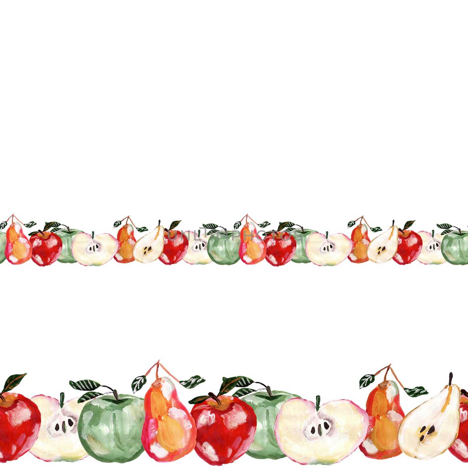 Repeat horizontal border design with hand drawn apples and pears on white background. Repeated apple and pear decor design, fabric, print, textile, textile, wallpaper, posters.