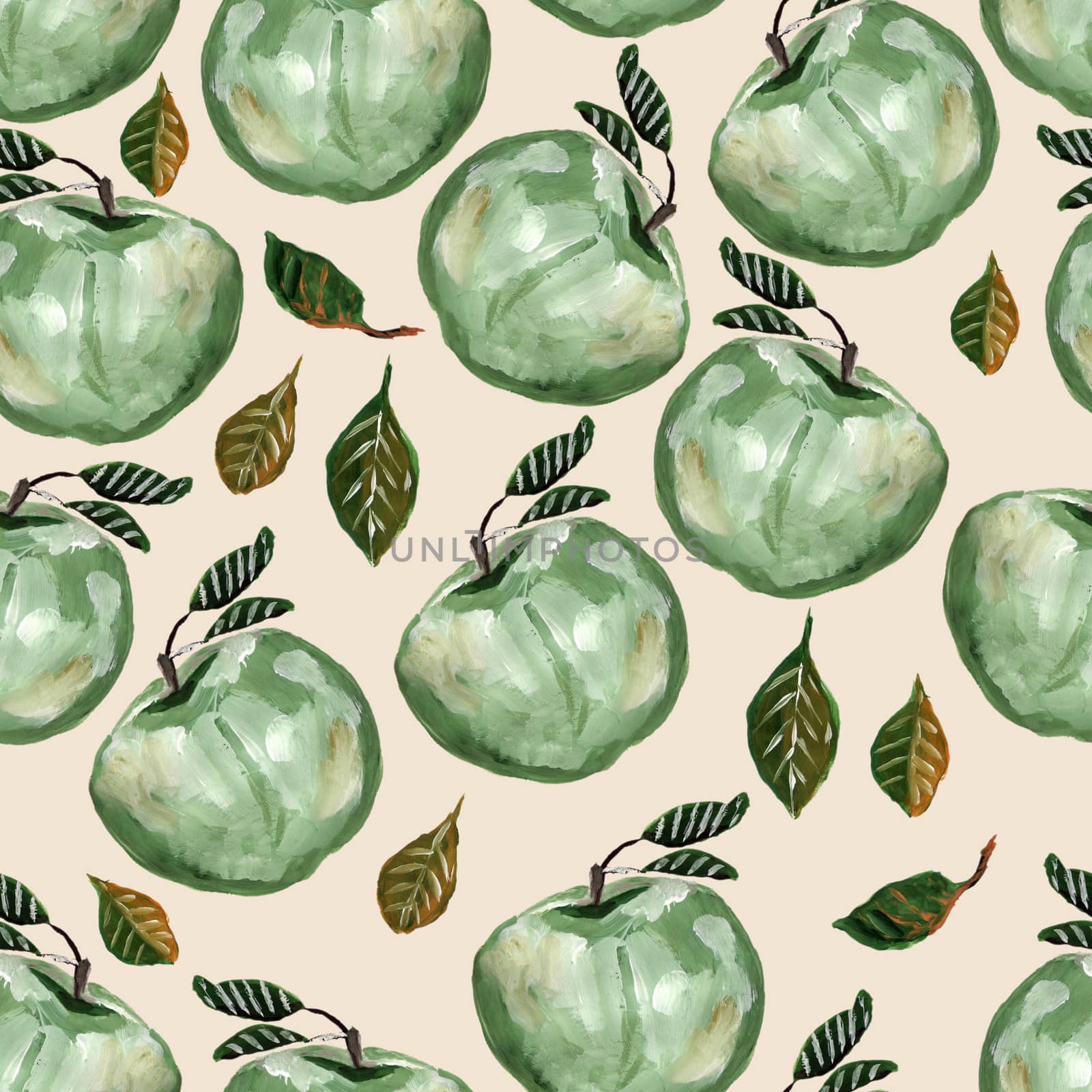 Seamless pattern with green apples. Repeated apple and leaves fruit background for design, fabric, print, textile, textile, wallpaper, posters.