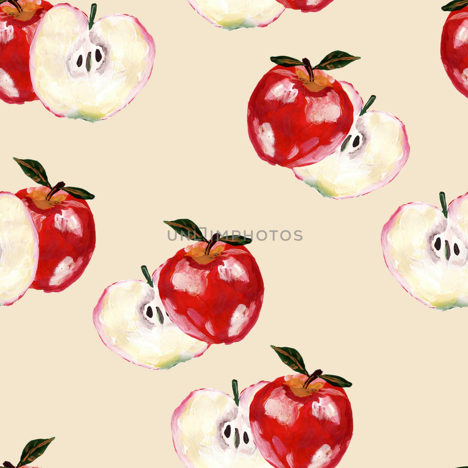 Hand drawn seamless pattern with red apples and slices of apples. Repeated apple and leaves fruit background for design, fabric, print, textile, textile, wallpaper, posters.