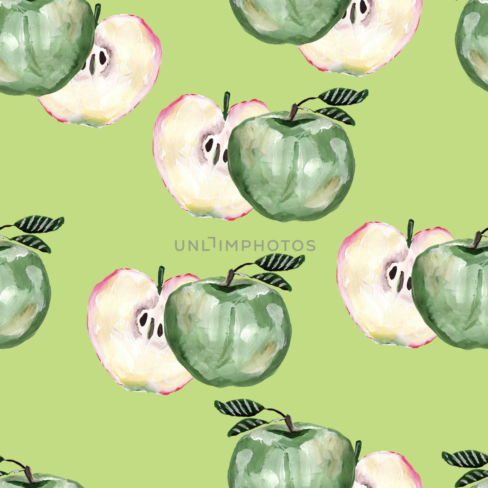Hand drawn seamless pattern with green apples and slices of apples. by Nata_Prando