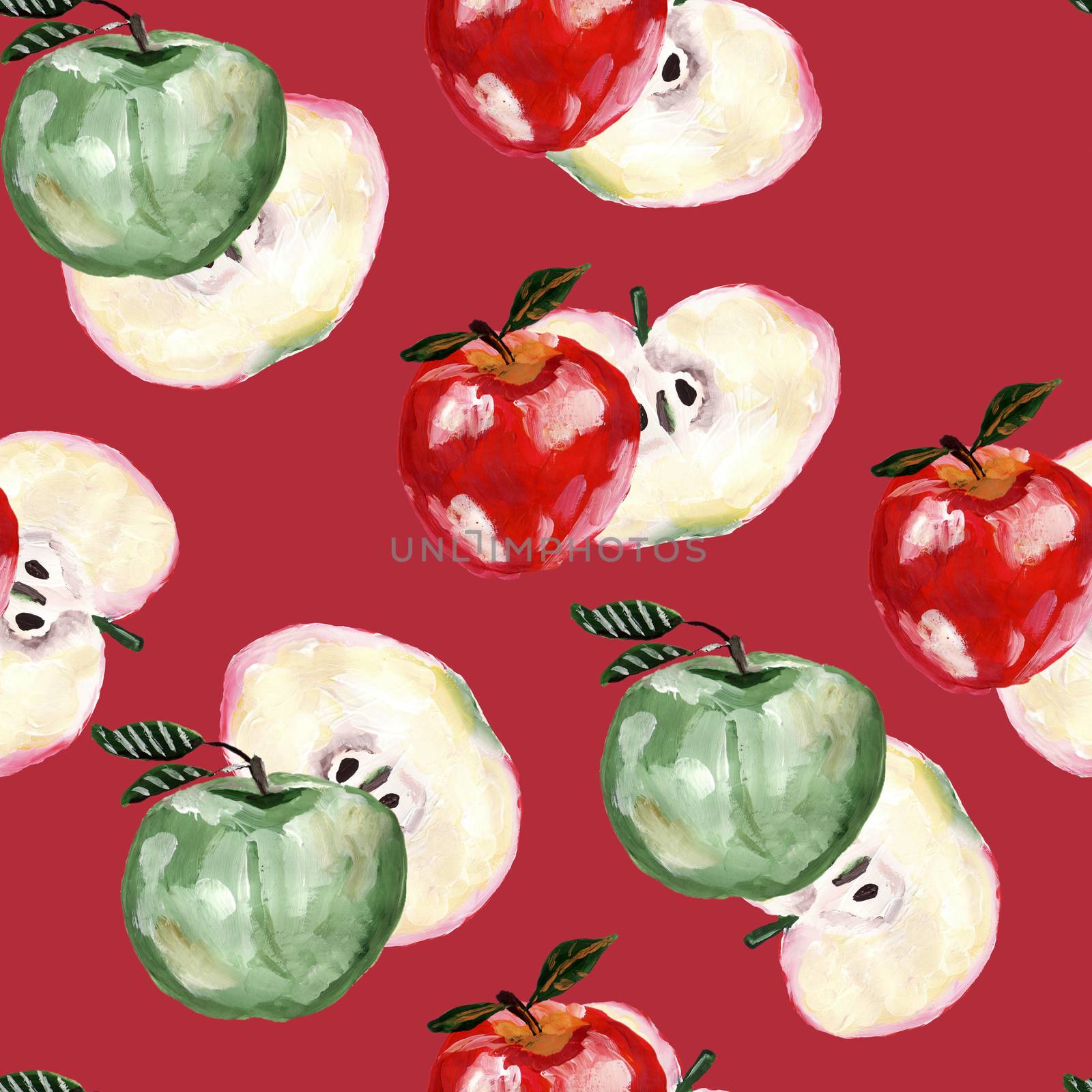 Hand drawn seamless pattern with green, red apples and slices of apples. Repeated apple and leaves fruit background for design, fabric, print, textile, textile, wallpaper, posters.