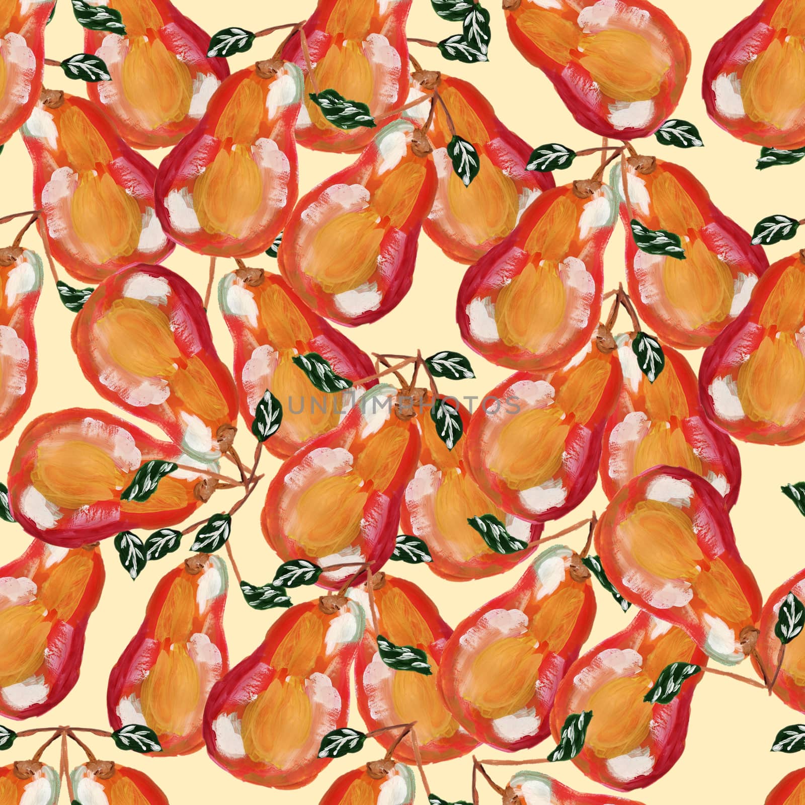 Ripe pears and leaves seamless pattern on yellow. Pear hand drawn style repeat illustration for print, textile, fabric, textile, wallpaper, posters.