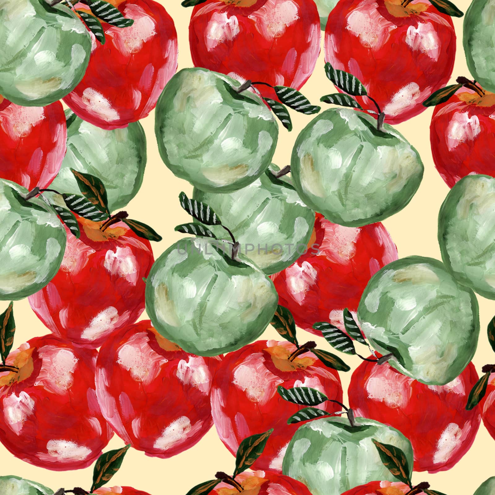 Green and red hand drawn apples seamless pattern. Repeated apple and leaves fruit background for design, fabric, print, textile, textile, wallpaper, posters.