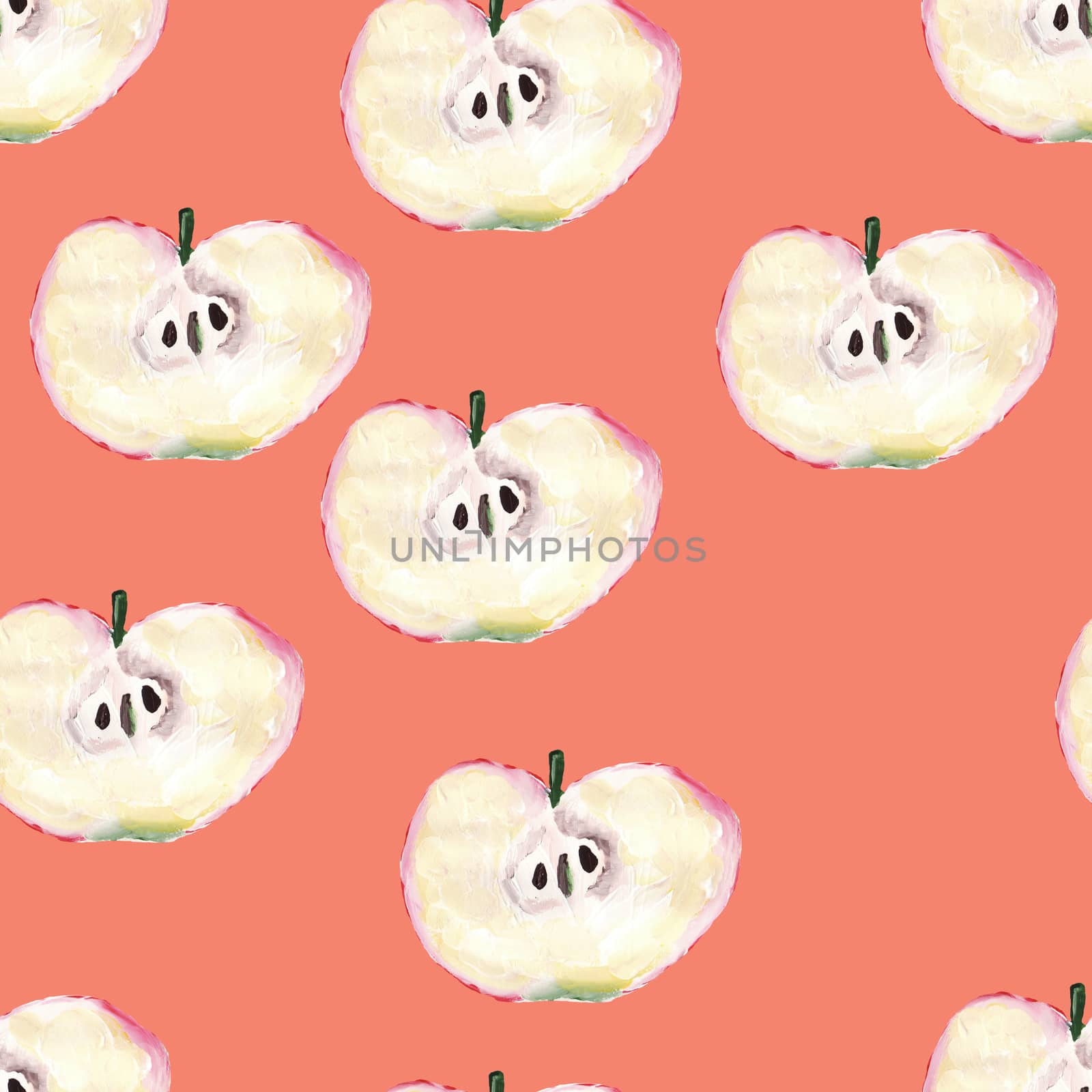 Hand drawn seamless pattern with sliced apples. Repeated apple and leaves fruit background for design, fabric, print, textile, textile, wallpaper, posters.