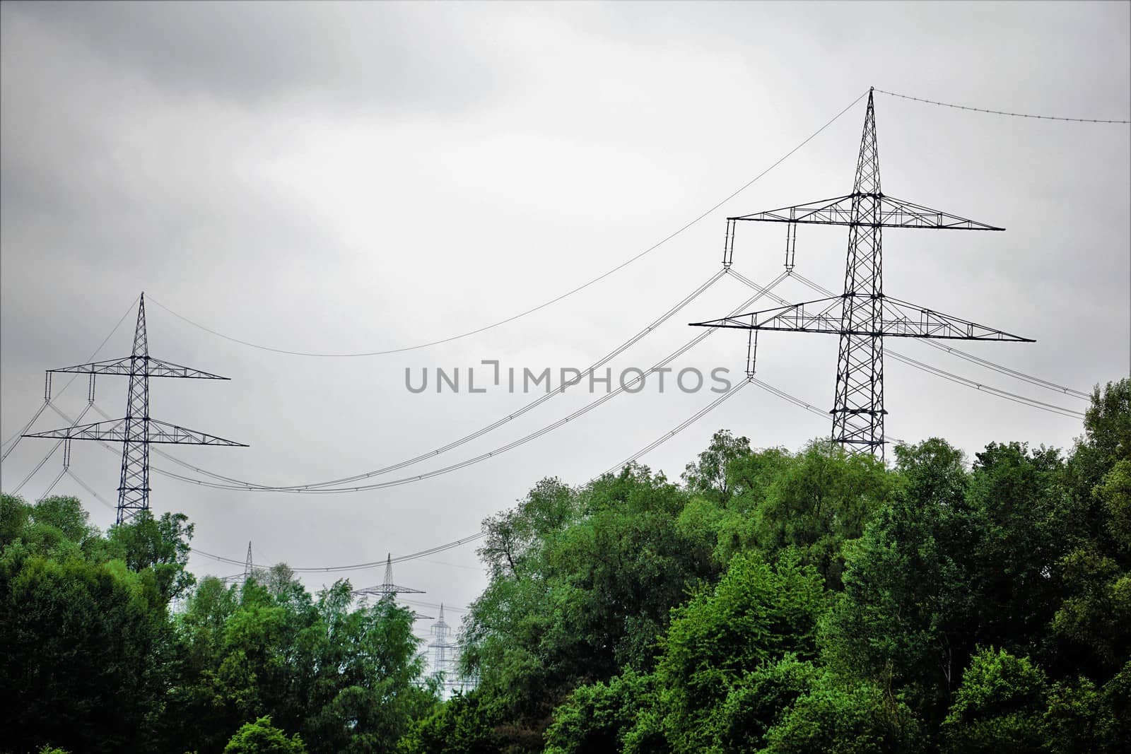 Two electrical towers behind trees by pisces2386