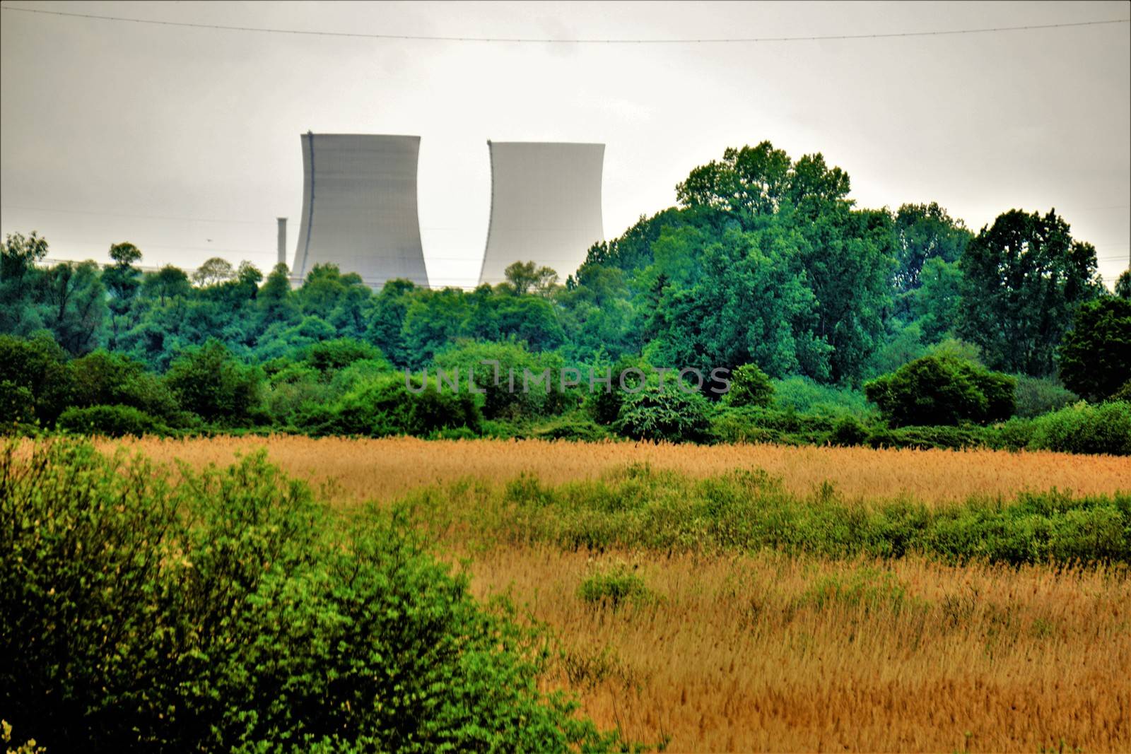 Nature reserve Wagbachniederung, Germany with nuclear plant