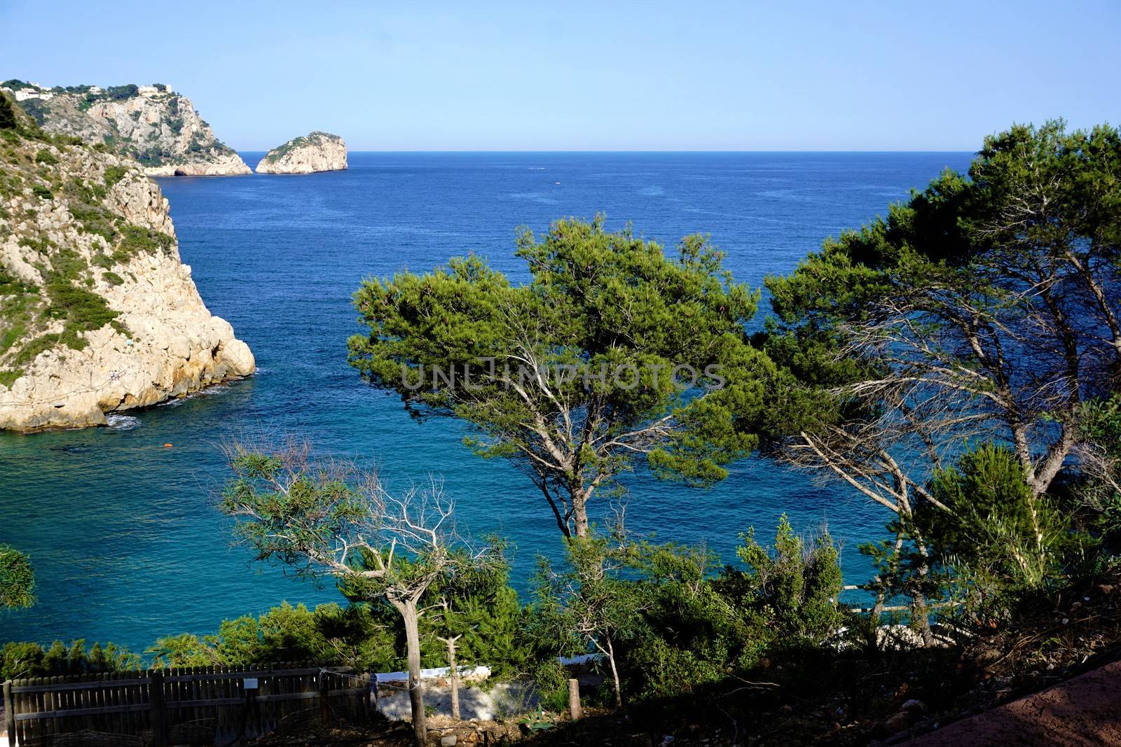 Trees and rocks at Cala Granadella by pisces2386