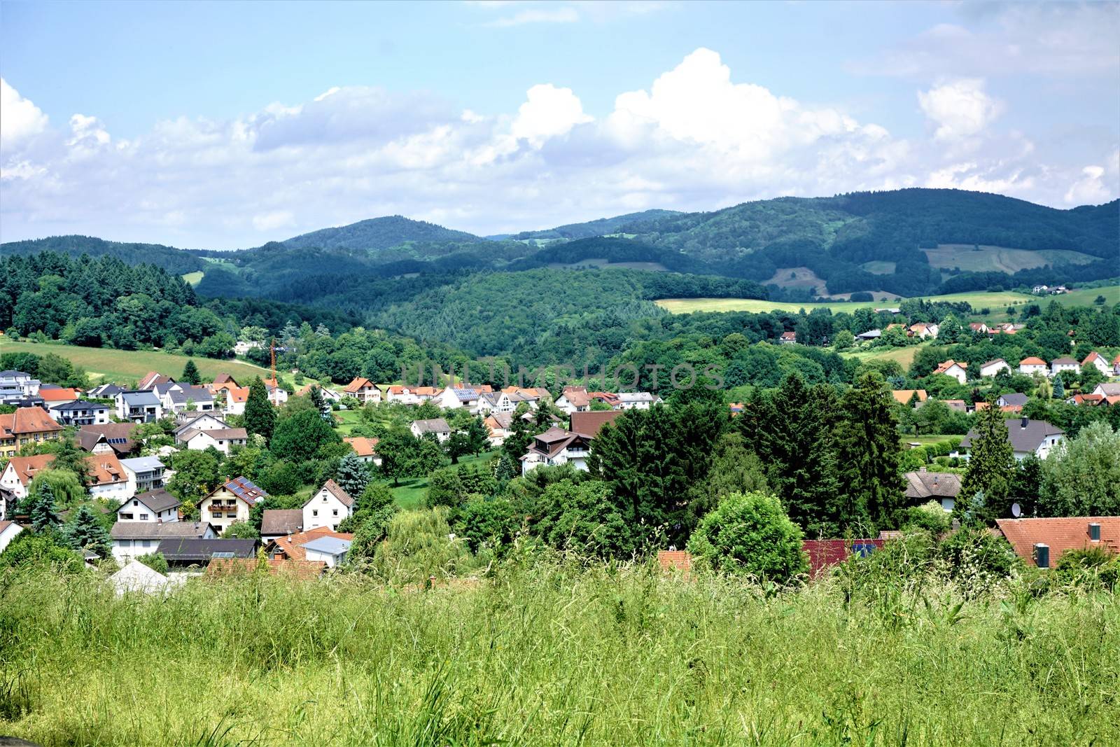 Panoramic view over Weinheim Oberflockenbach in summer by pisces2386