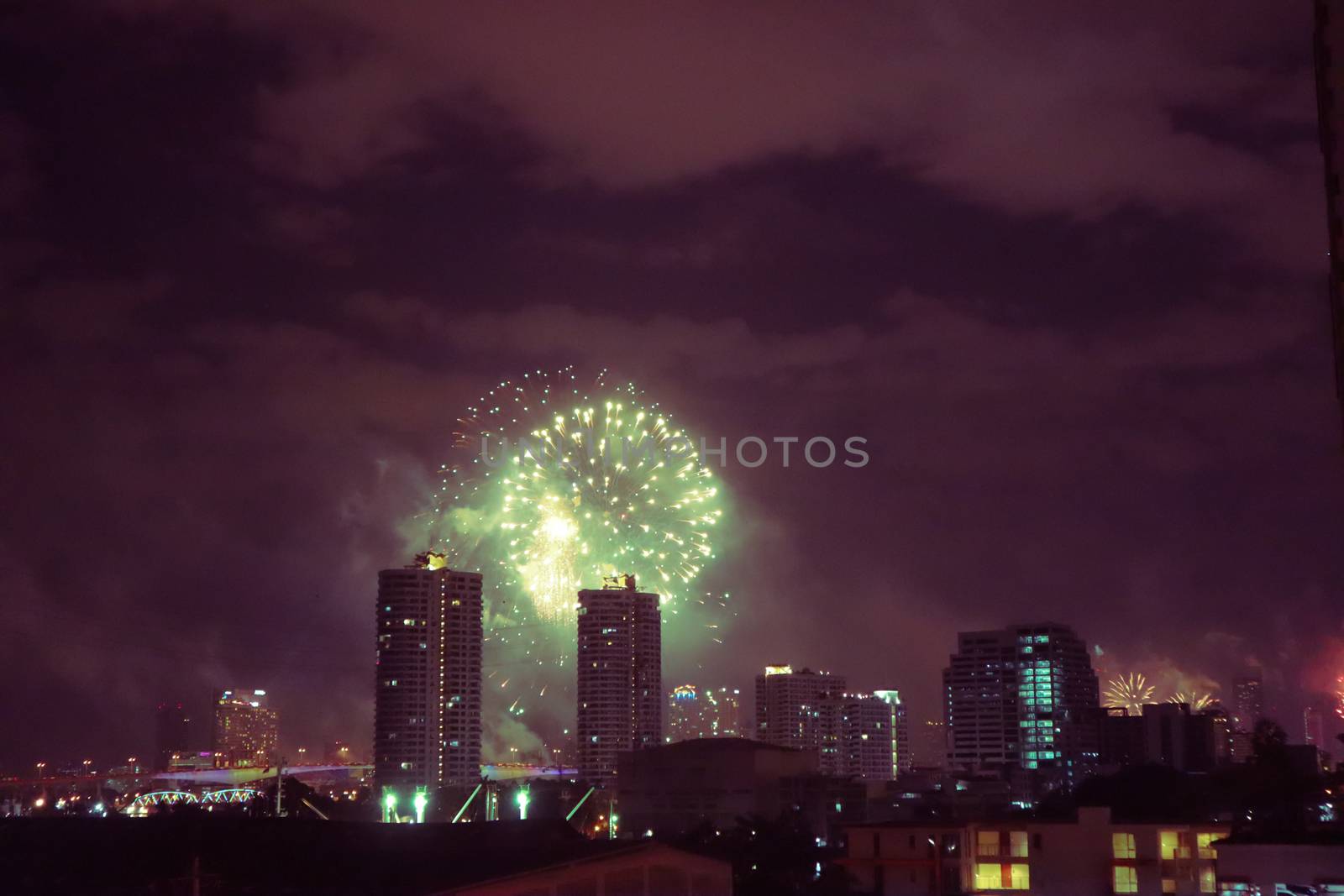 Gorgeous fireworks over Bangkok in Thailand celebrating New Years Eve.