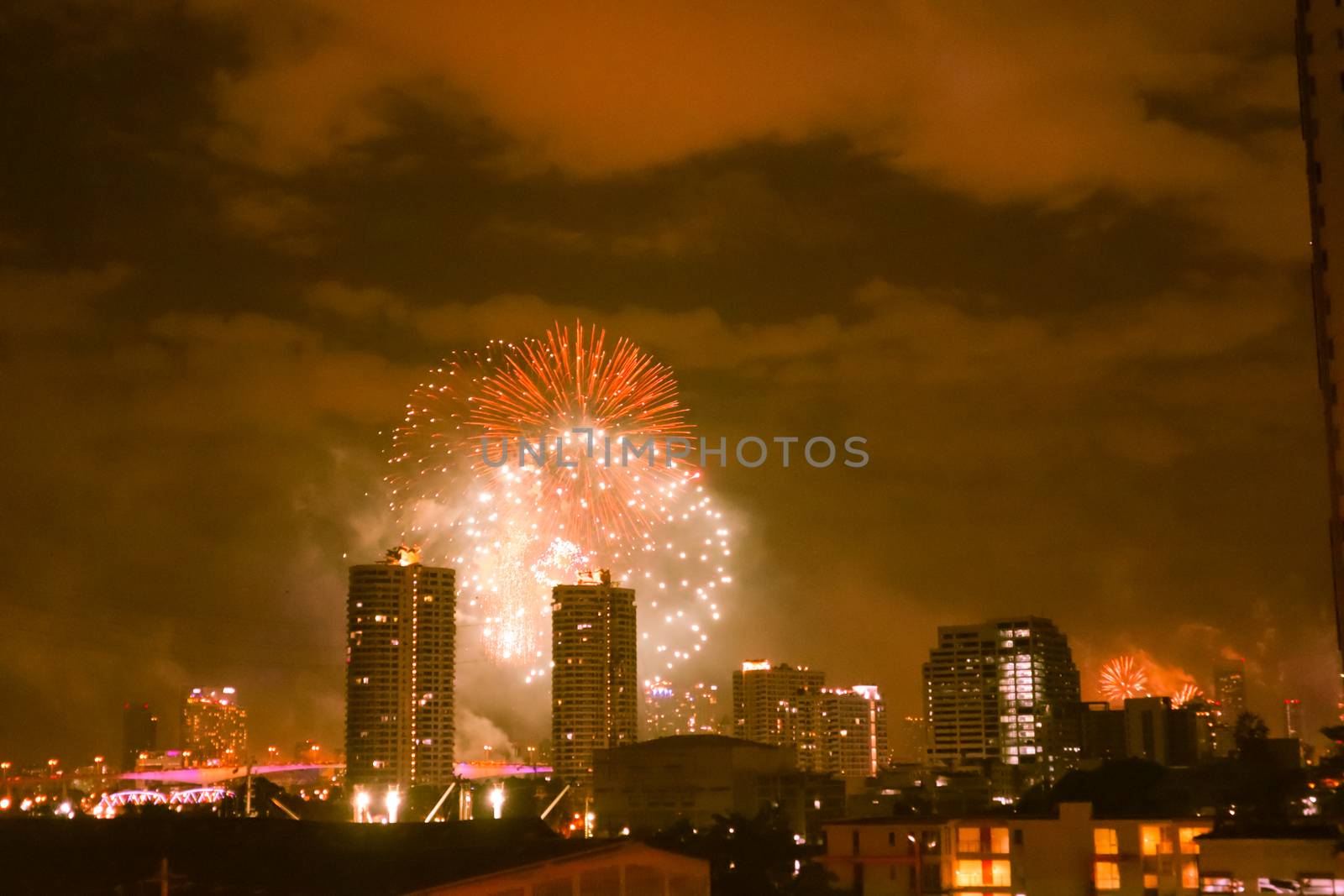 Gorgeous fireworks over Bangkok in Thailand celebrating New Years Eve.