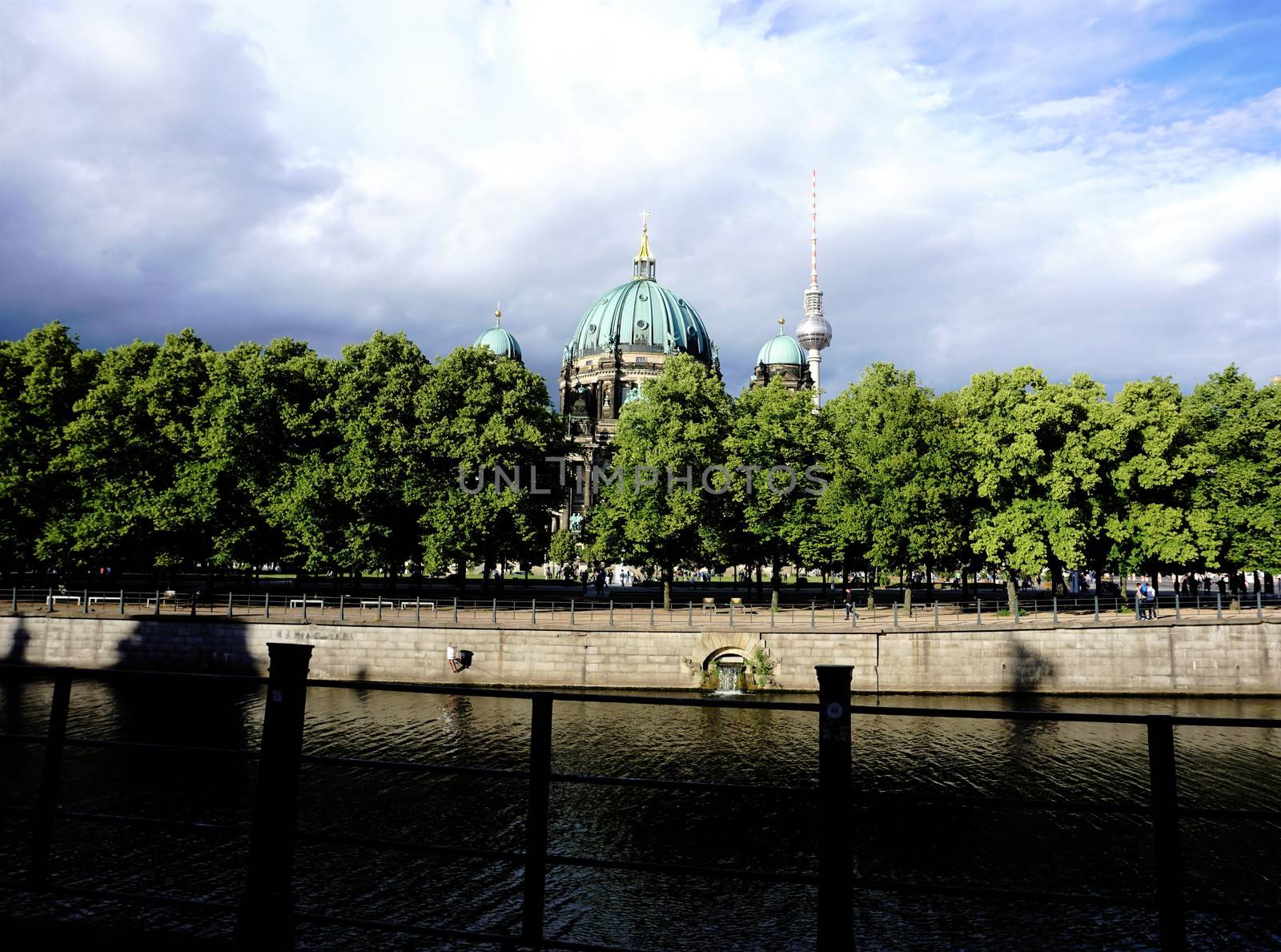 Berlin cathedral with Spree river and trees by pisces2386