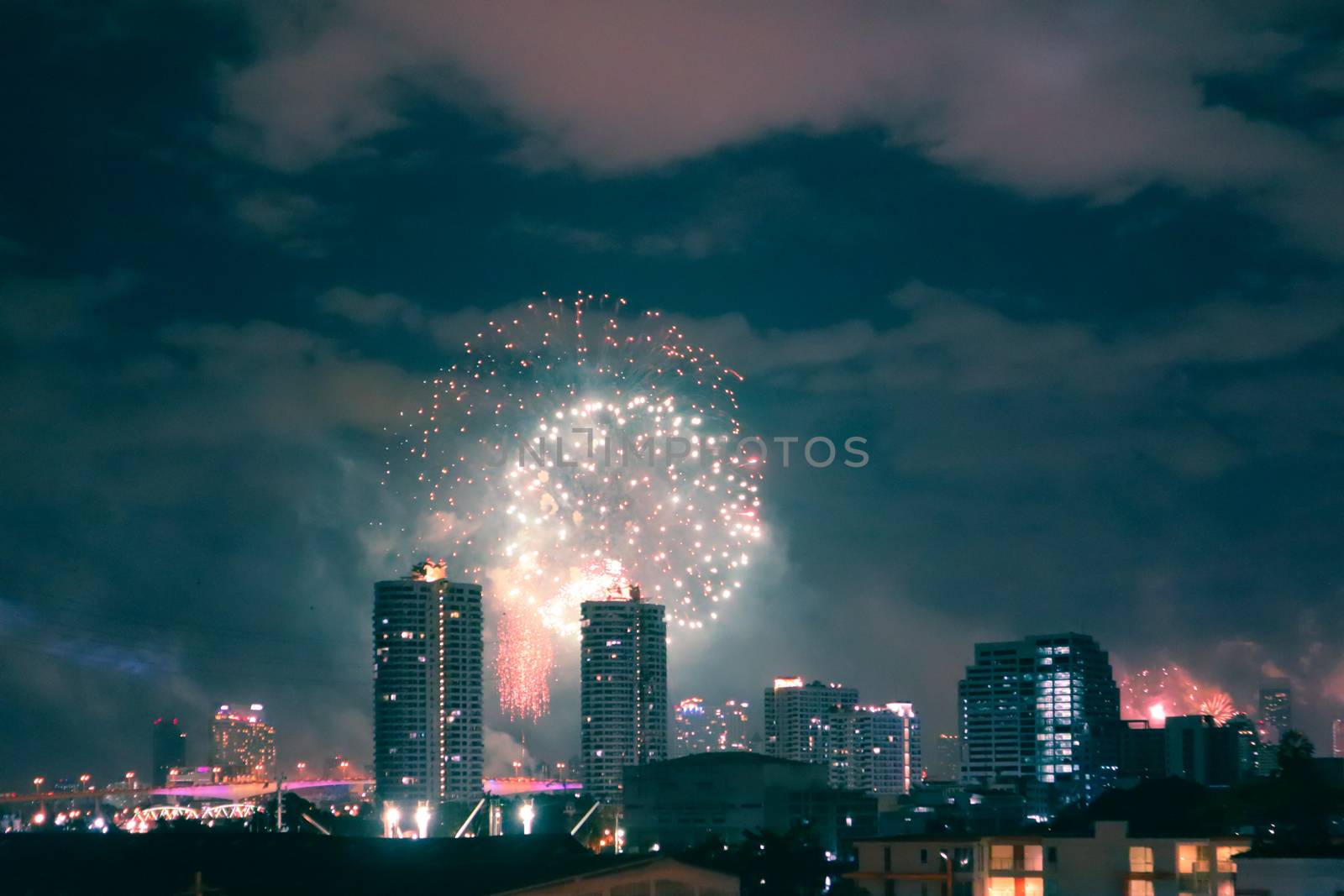 Gorgeous fireworks over Bangkok in Thailand celebrating New Years Eve.