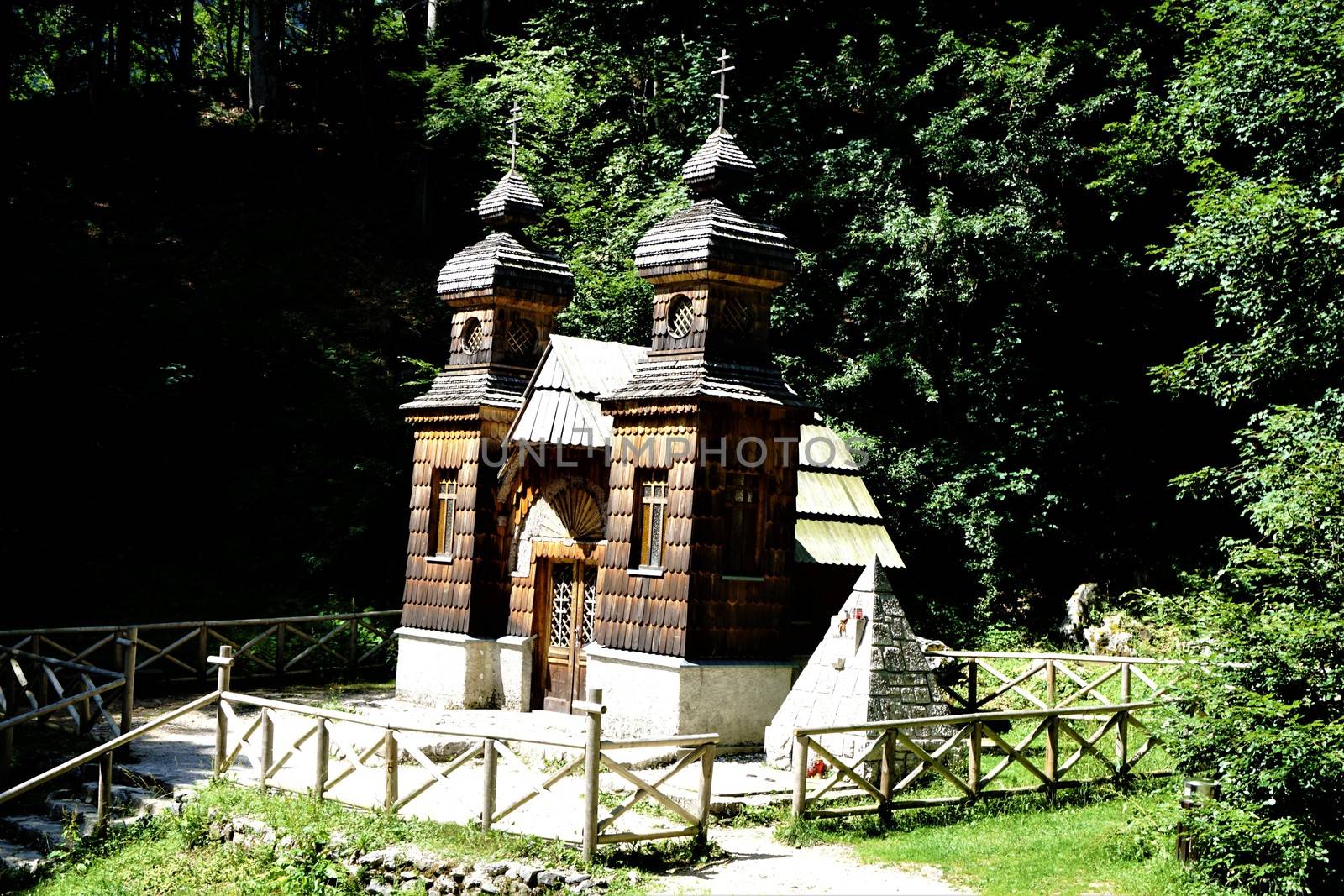 Russian Chapel near Kranjska Gora in the sun by pisces2386