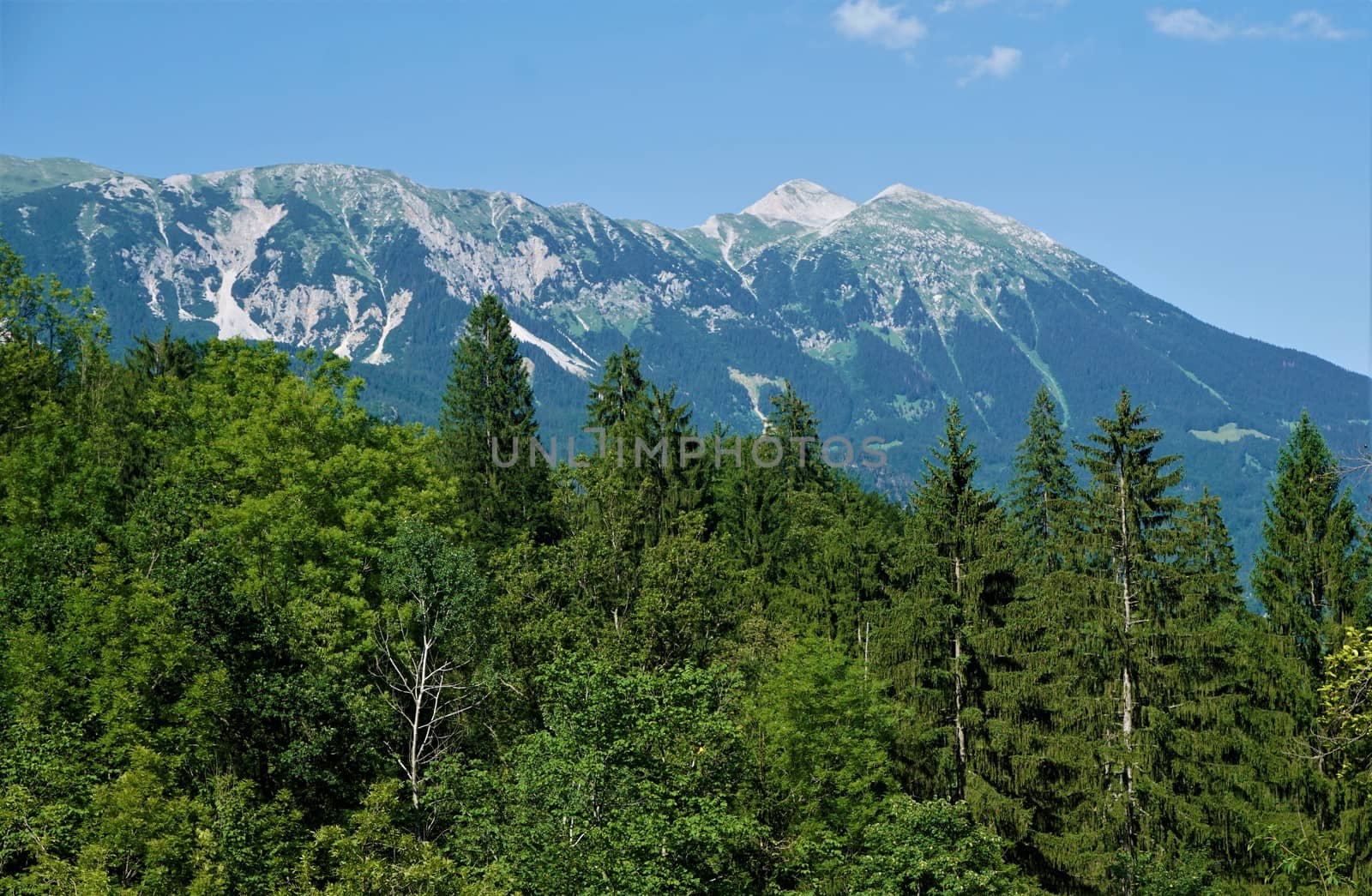 View from Vintgar Gorge over forest to Mezakla peaks by pisces2386