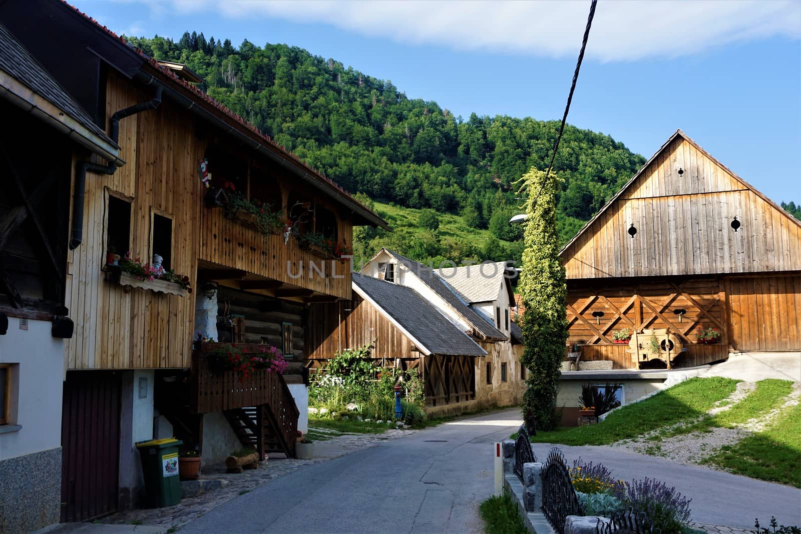 A few wooden houses in Zasip near Bled, Slovenia