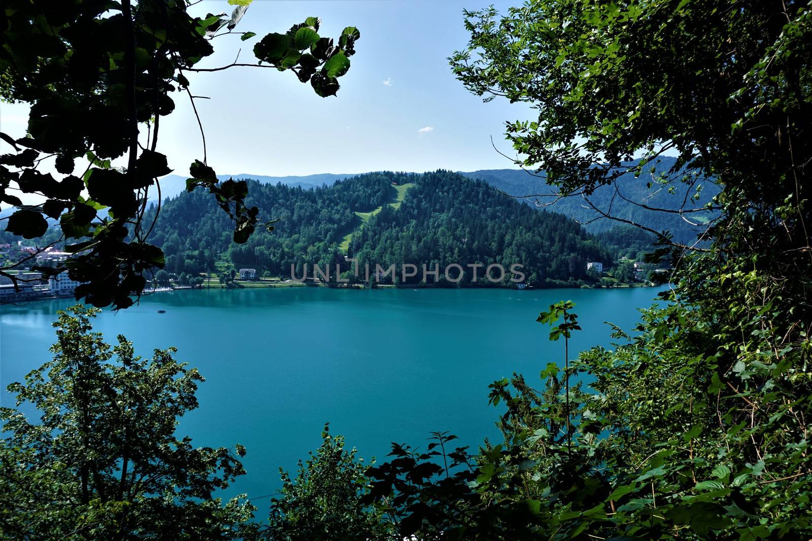 View over lake Bled and hills - travelling Slovenia