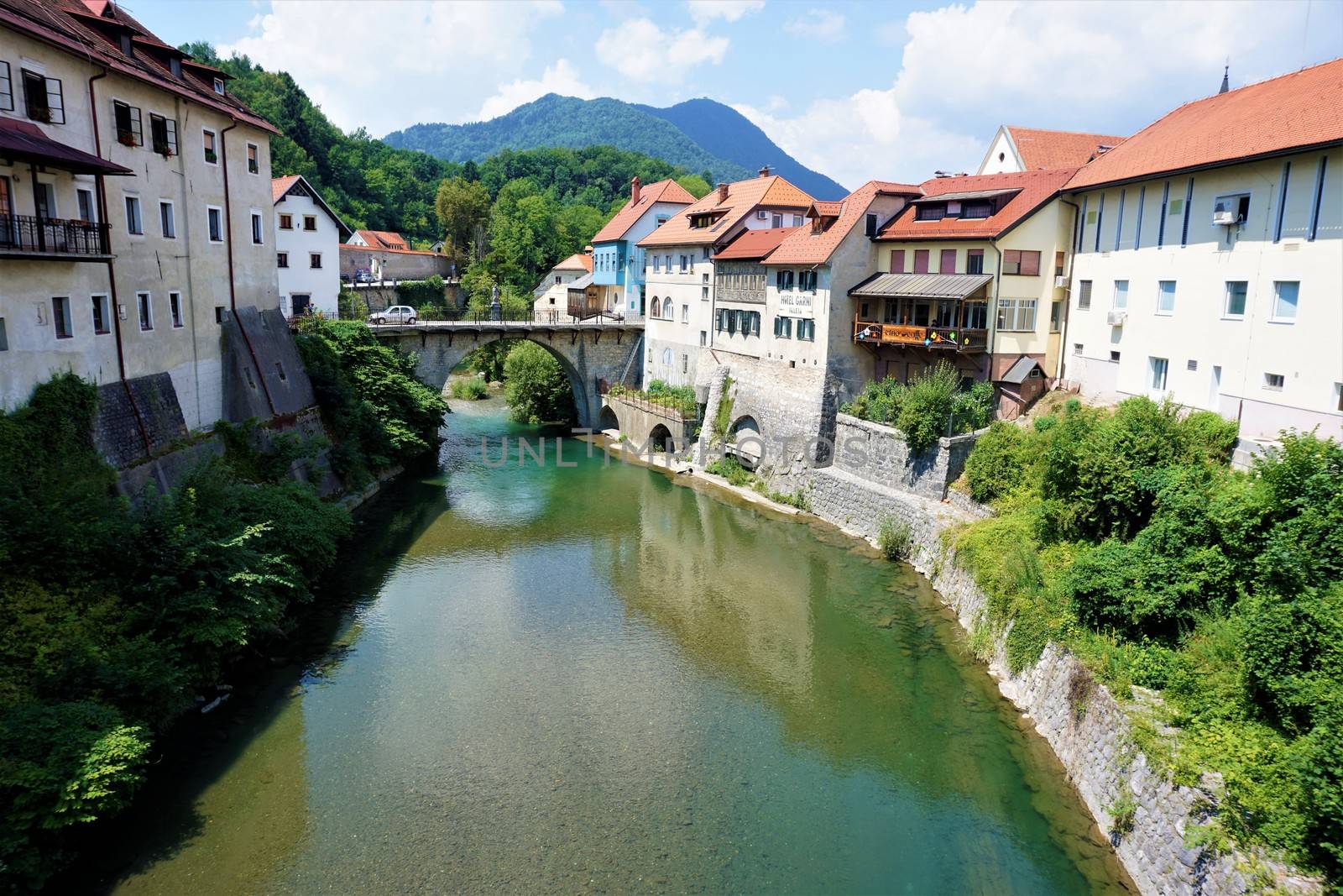 Skofja Loka, Slovenia with Capuchin bridge over Sora river