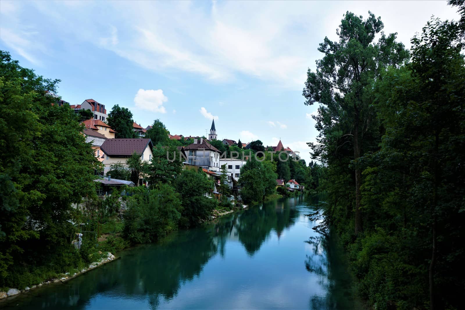 The Sava river and the city of Kranj, Slovenia