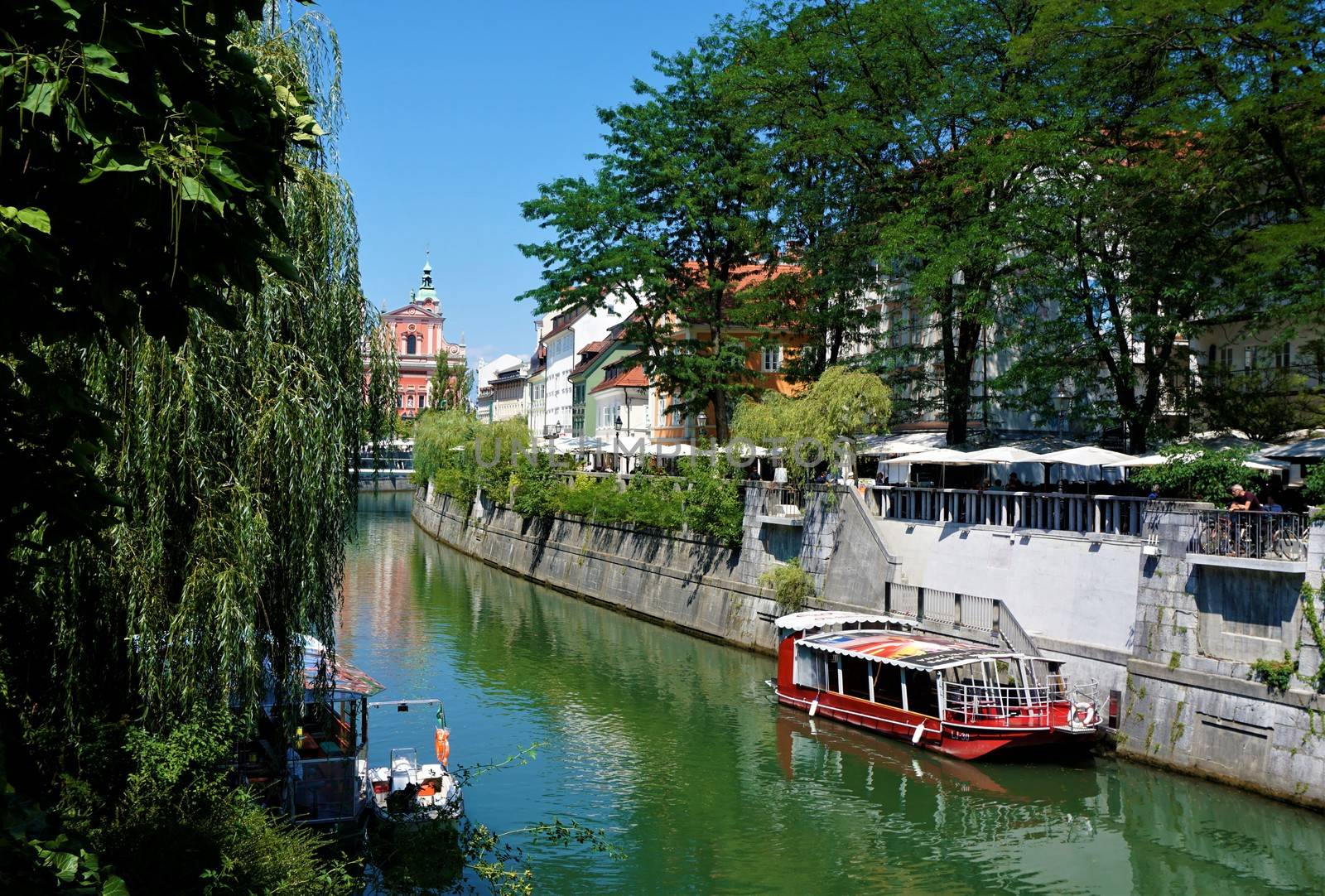 View over Ljubljanica river to the cathedral of Ljubljana, Slovenia