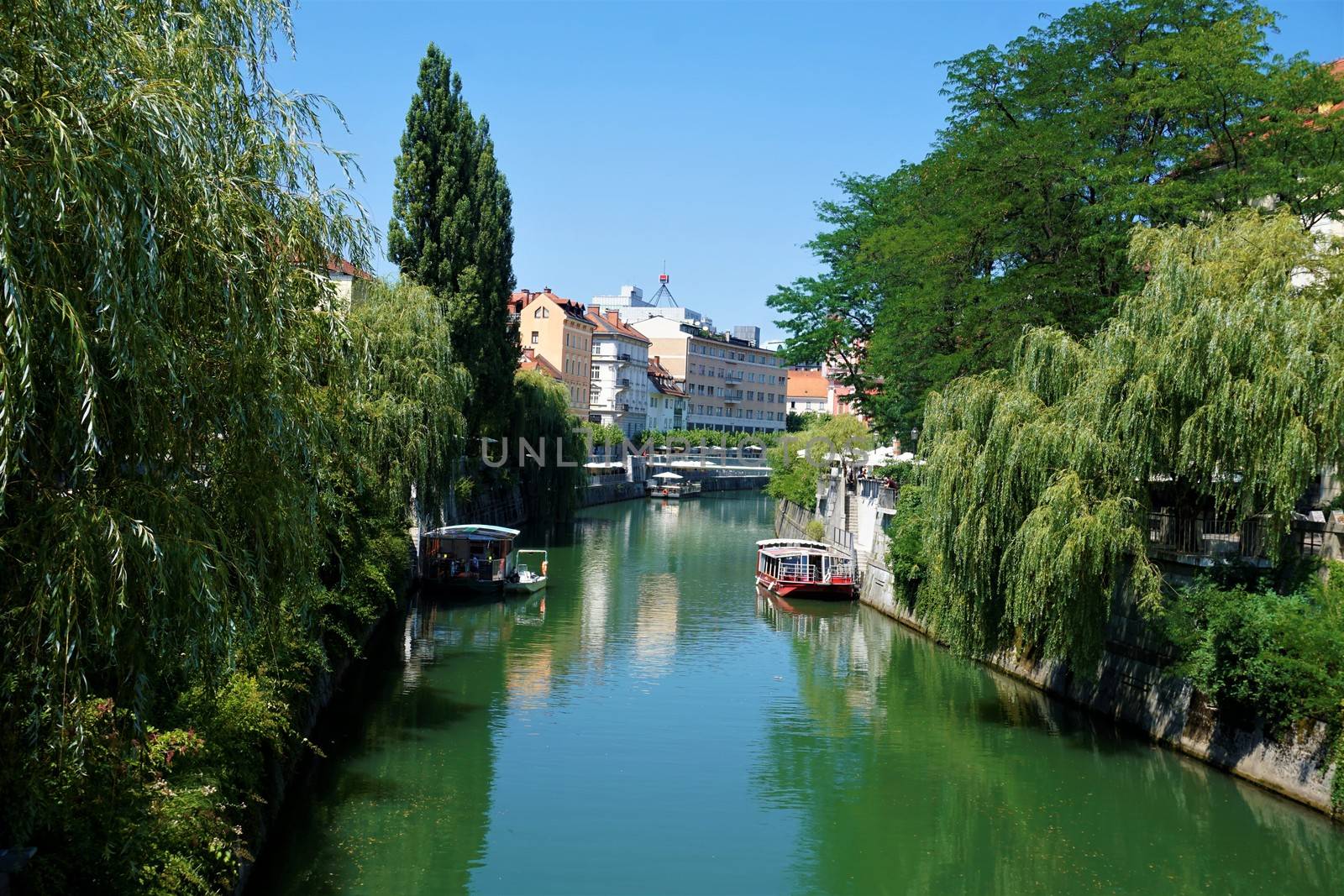 View over calm Ljubljanica river in the city centre of Ljubljana by pisces2386