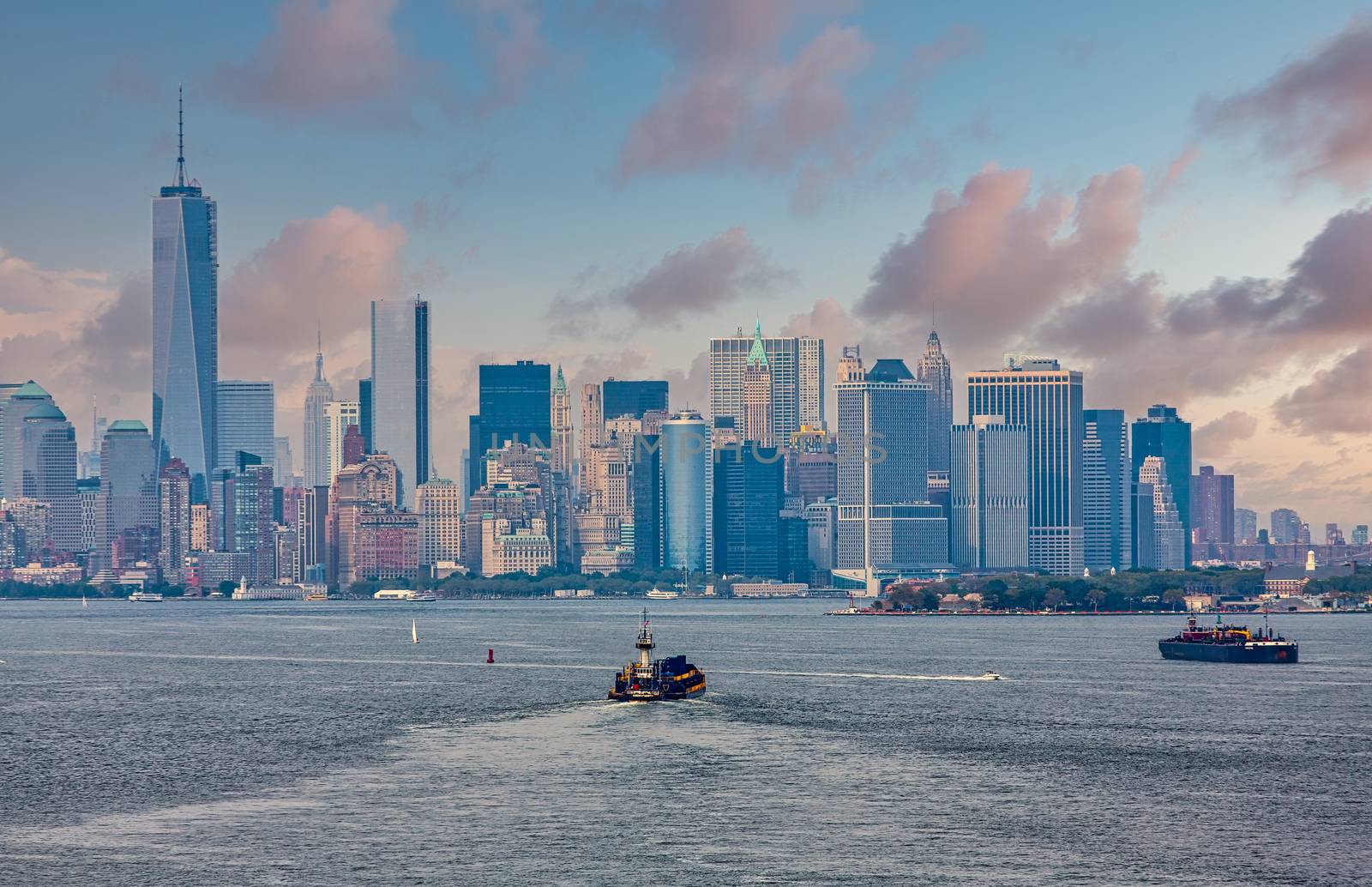 Freighters and barges in New York Harbor