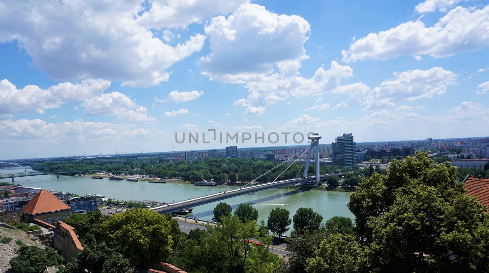 Panoramic view over Bratislava, Danube and new bridge by pisces2386