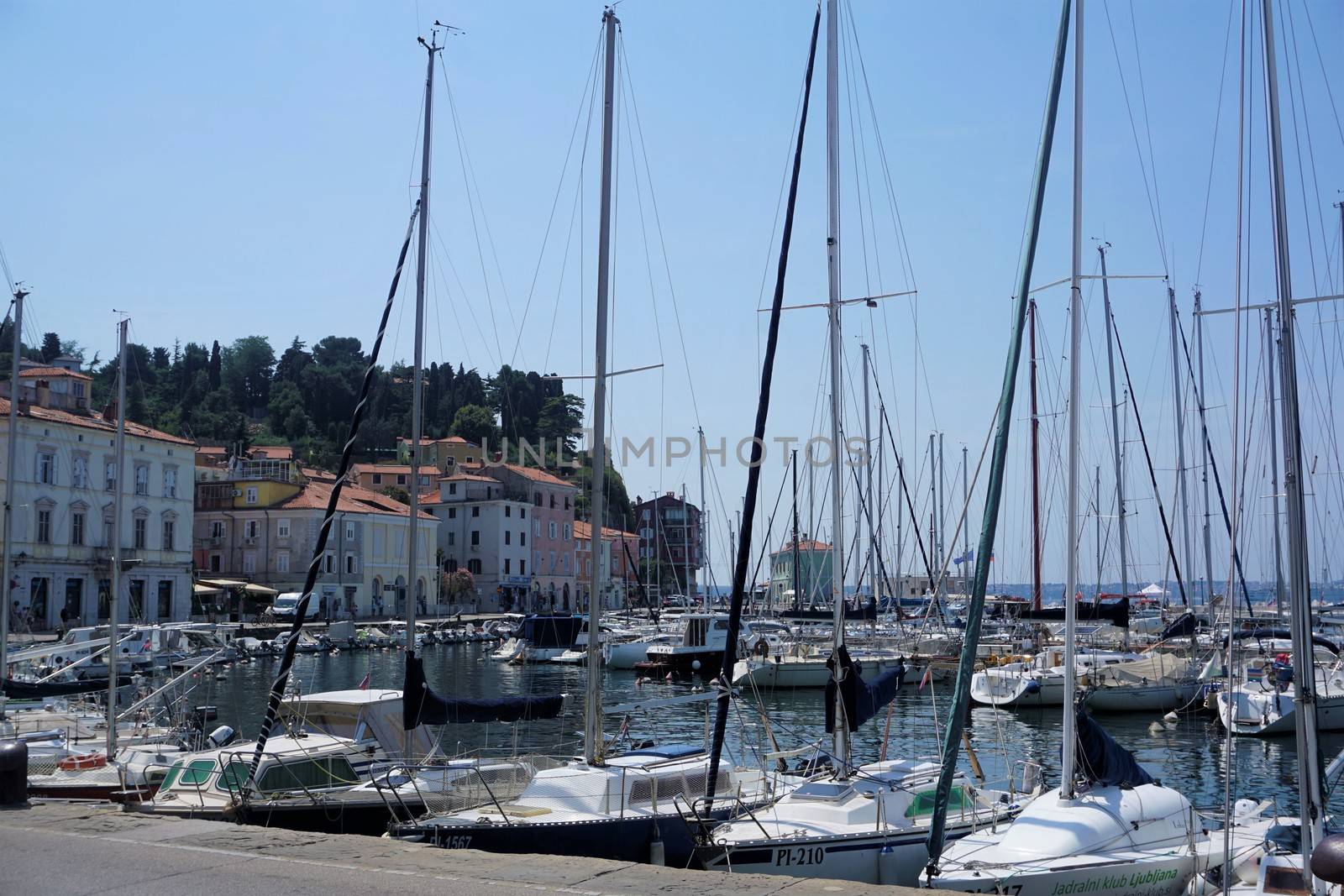 Boats and houses at the port of Piran, Slovenia