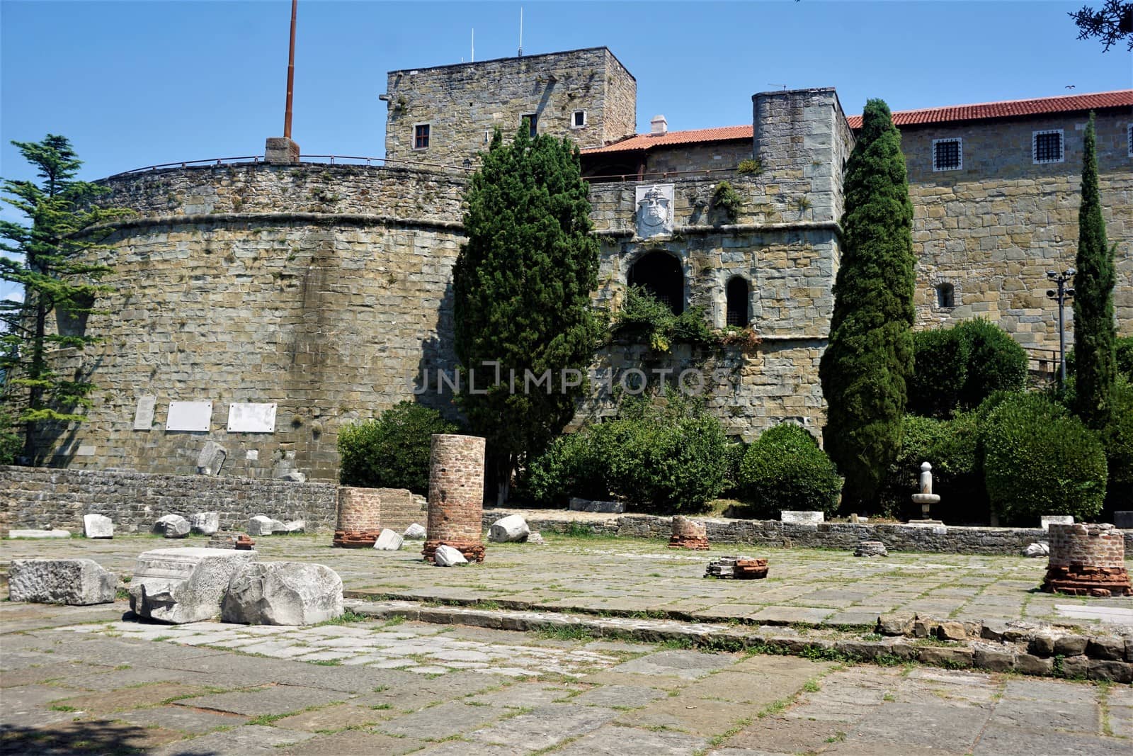 The castle of Trieste, Italy with some Roman piles