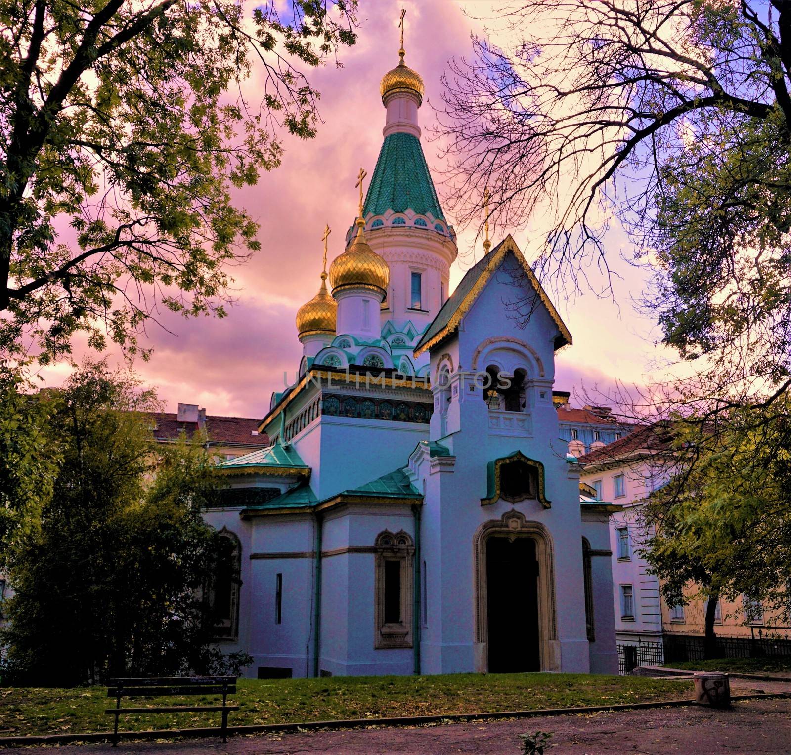 Russian church of Sofia, Bulgaria in front of purple sky