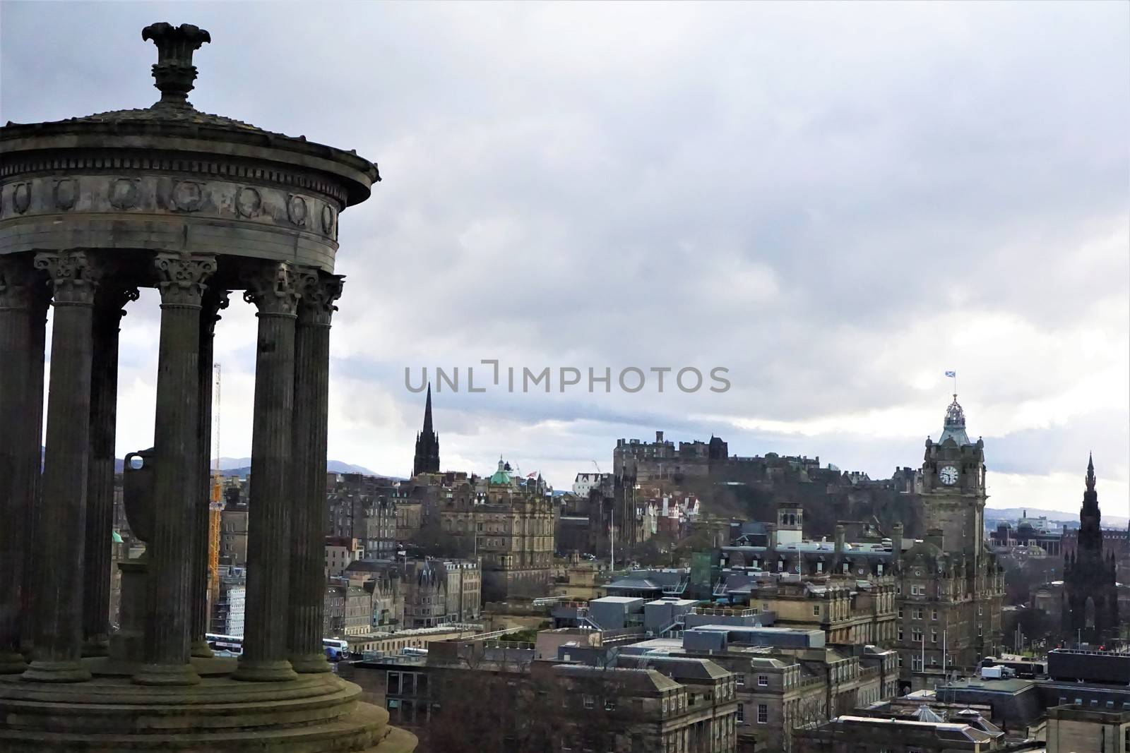 View over Edinburgh from Calton Hill with Dugald Stewart Monument by pisces2386