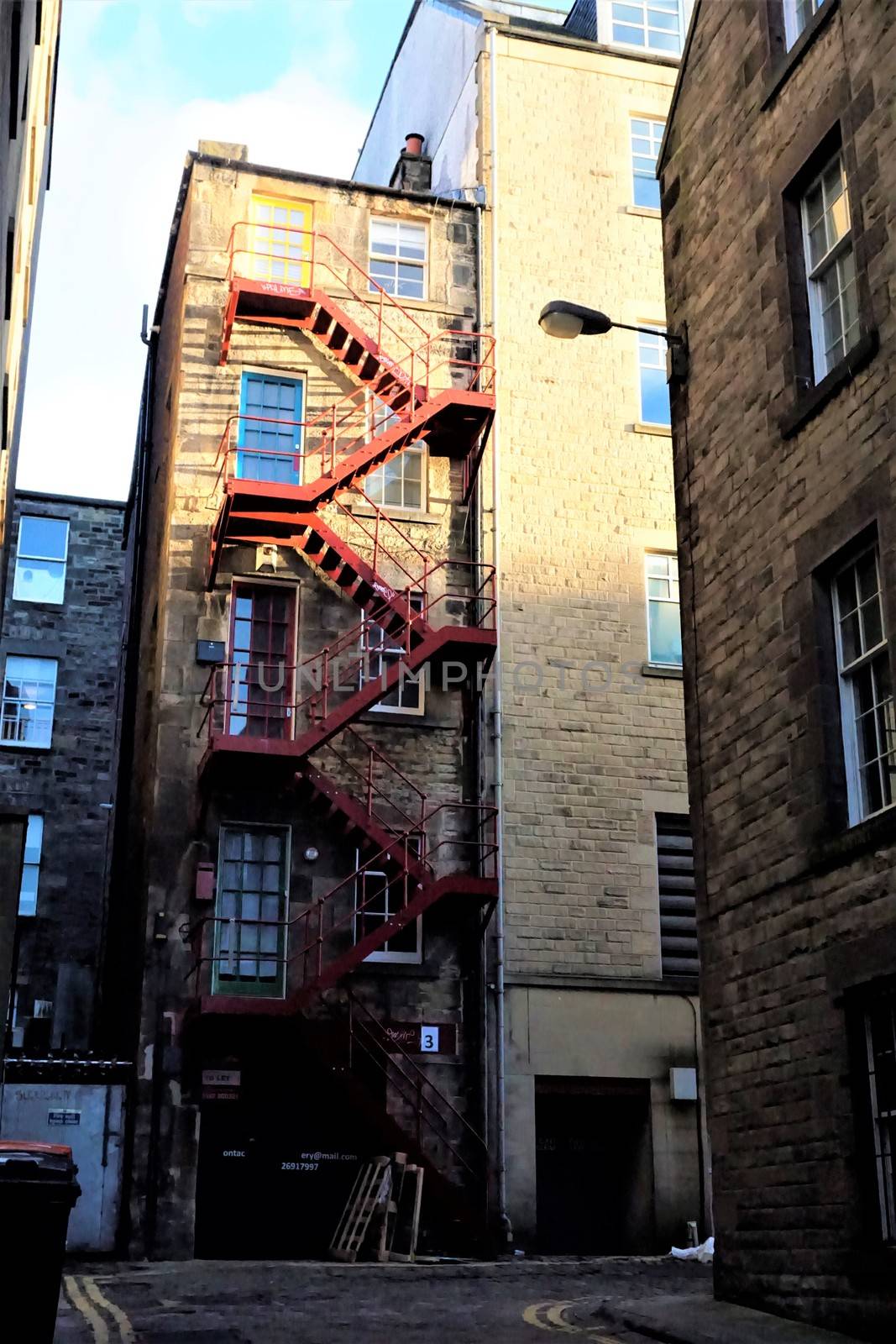 Brick house with fire escape in Edinburgh, Scotland