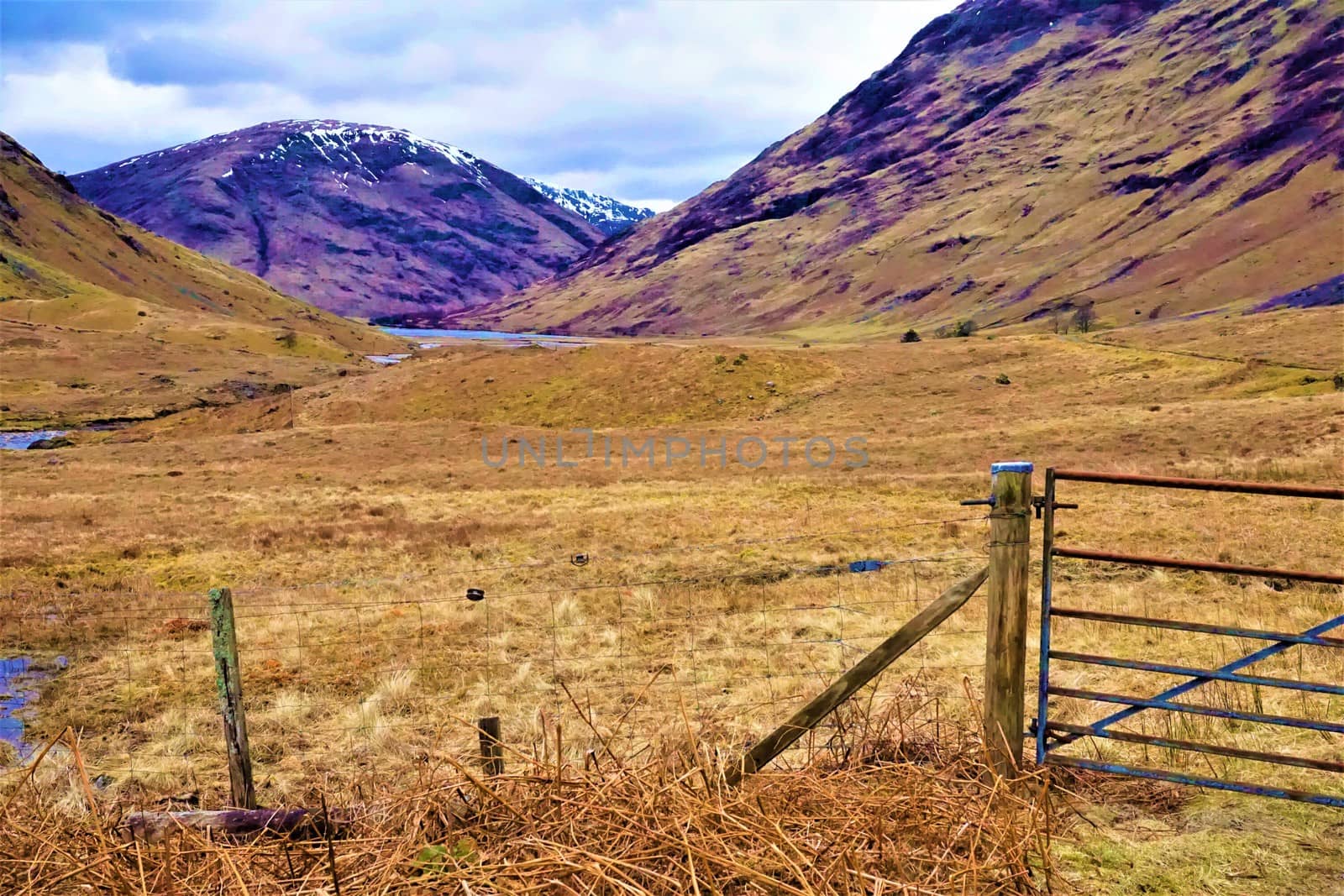 Beautiful valley with gate near Loch Achtriochtan, Glencoe Scotland