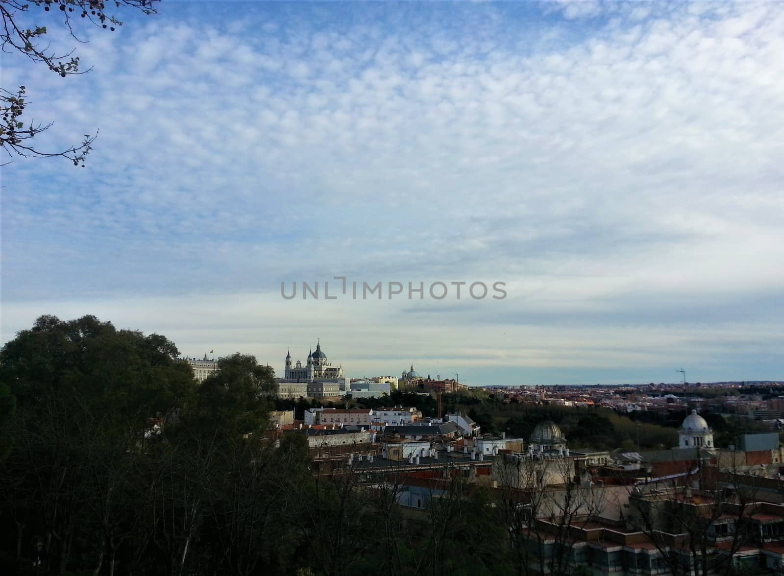 Madrid Panorama with Almudena cathedral on a hill