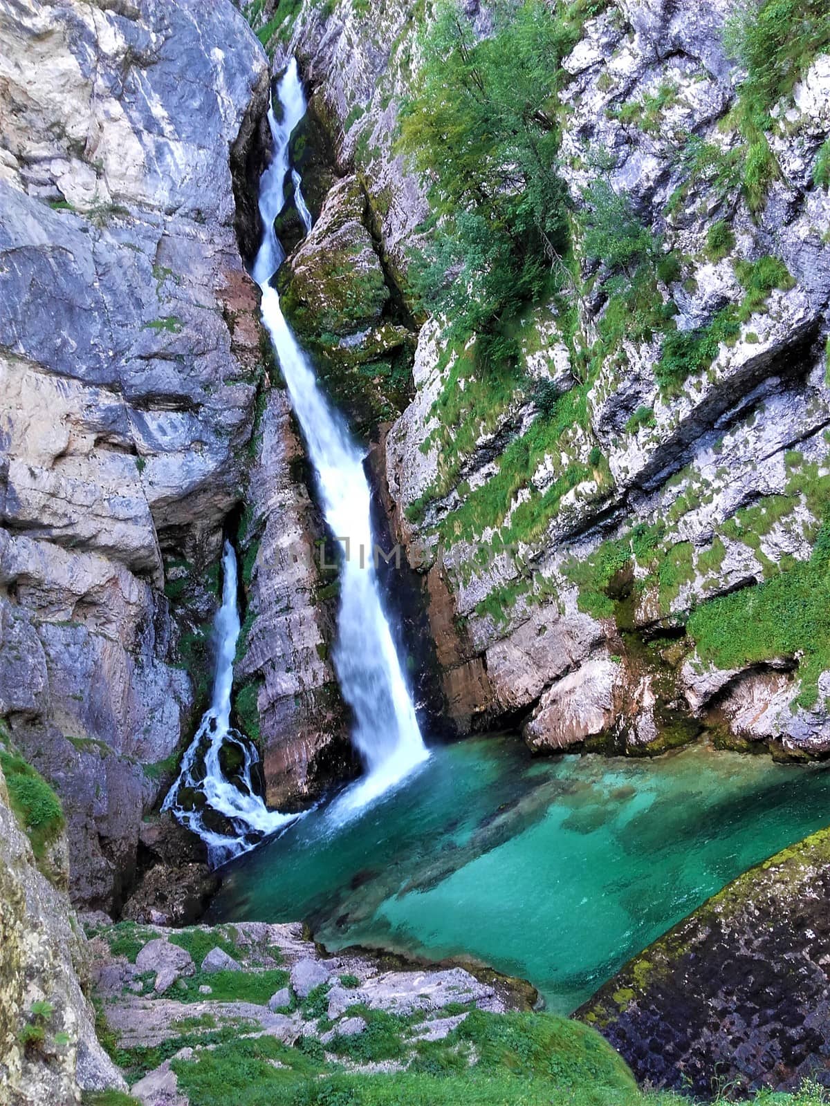 Turquoise Savica fall streaming down the rocks