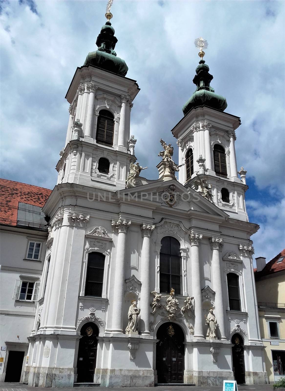 Beautiful church Mariahilf and square in center of Graz, Austria