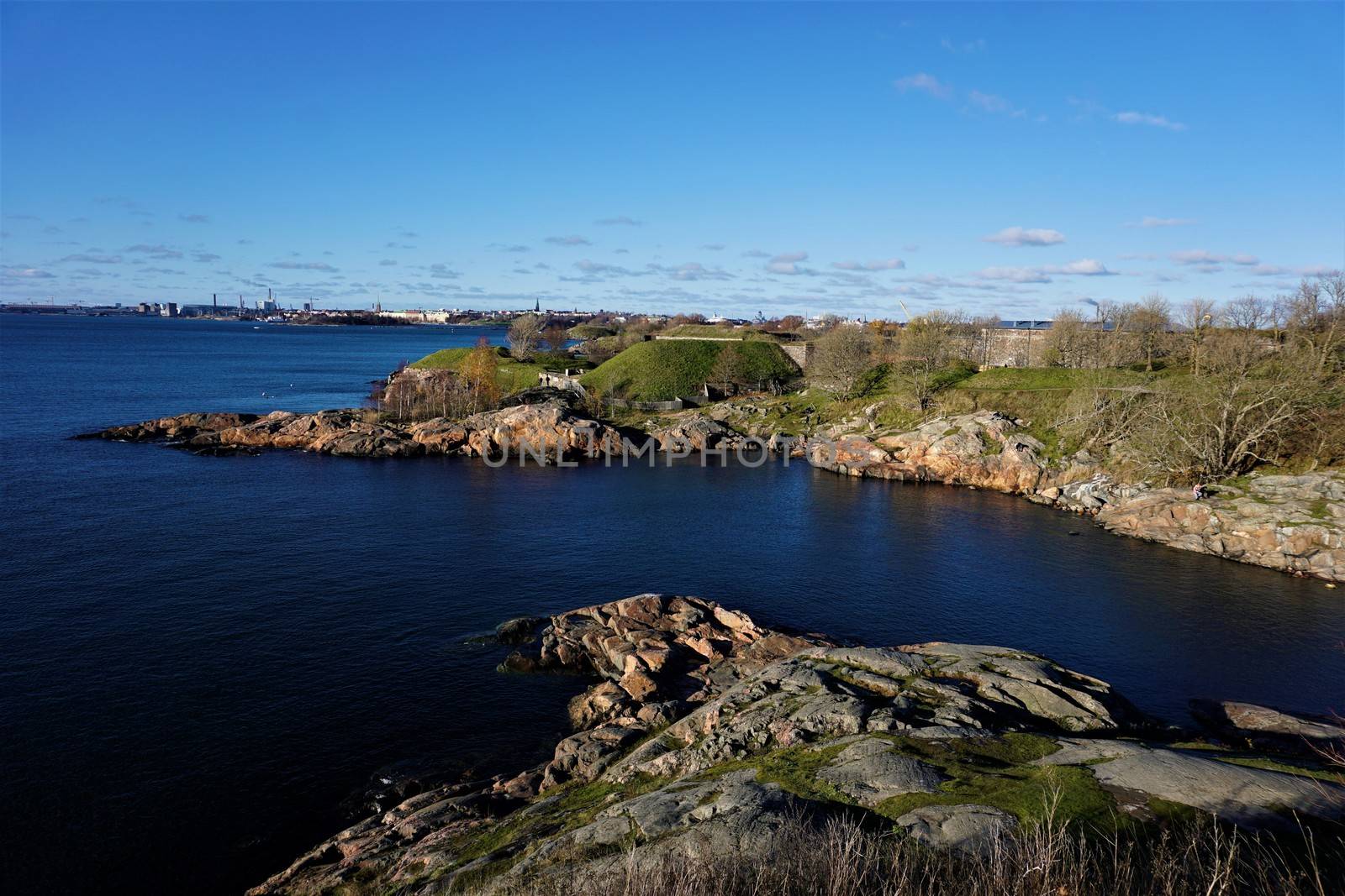 Panoramic view over deep blue baltic sea and island of Suomenlinna to Helsinki, Finland