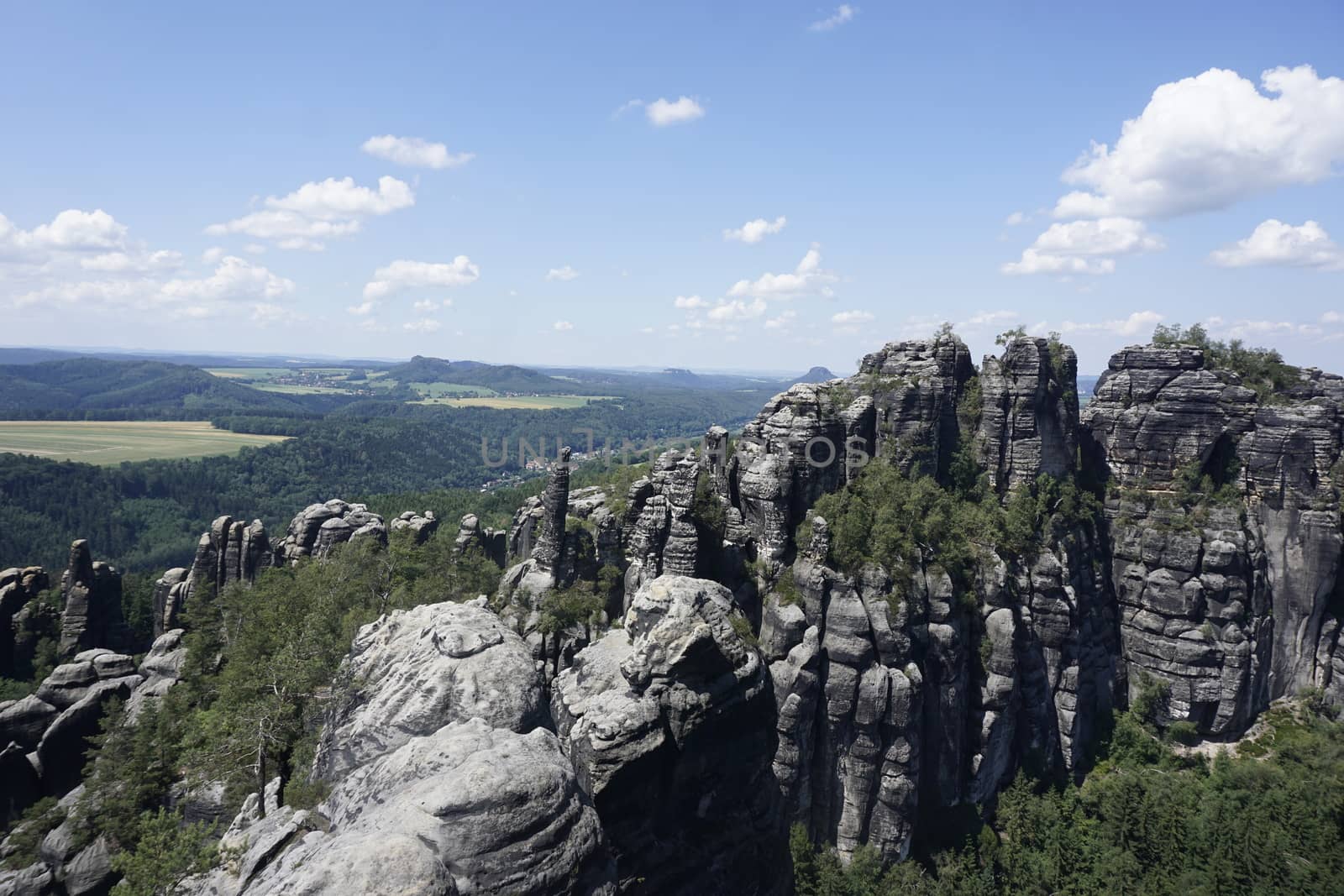 Famous main Schrammsteine rocks from the Schrammstein viewpoint in Saxon Switzerland, Germany